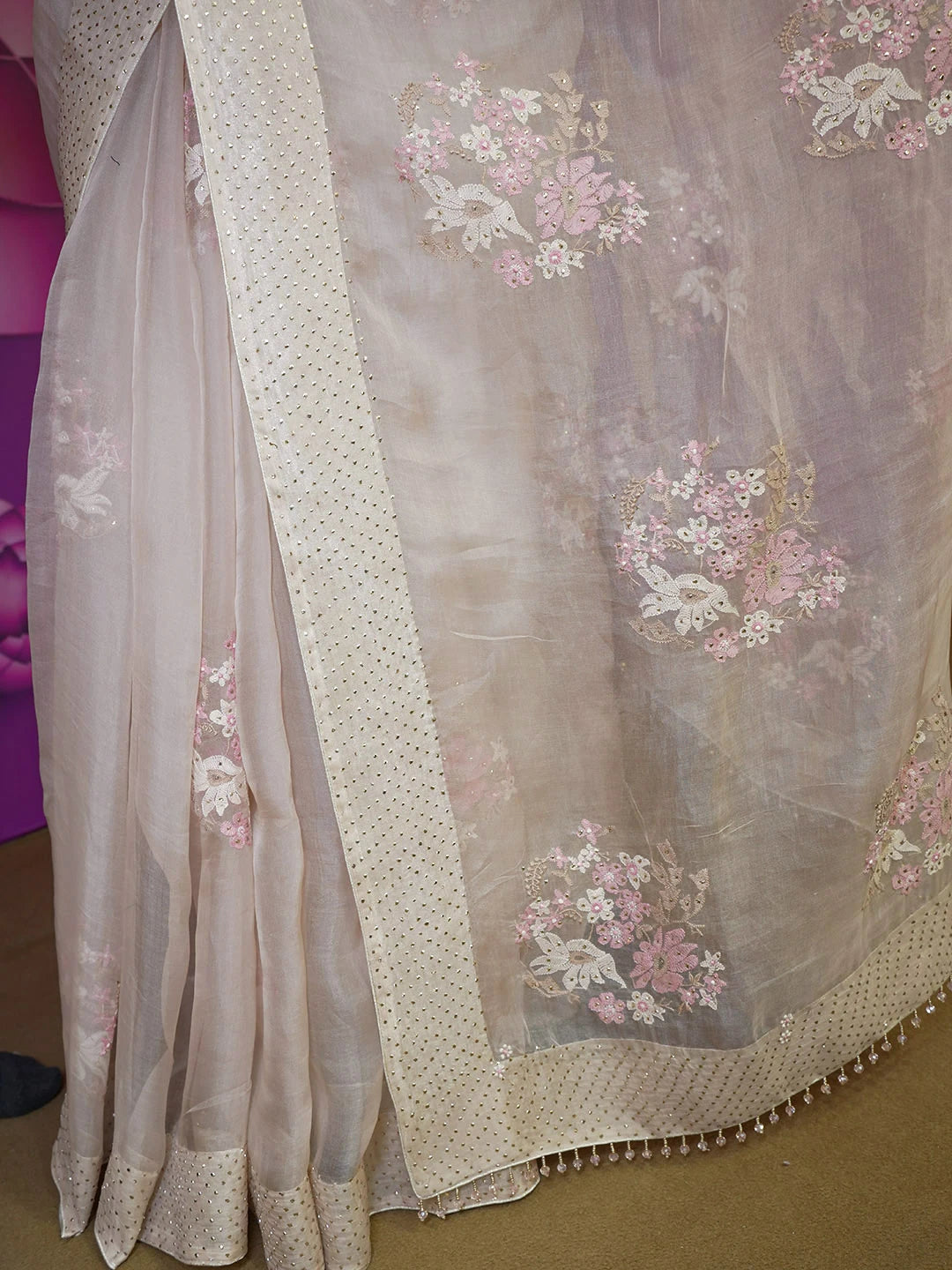 Ada Hand Embroidered Dusty Peach Lucknowi Chikankari Saree With Blouse With Muqaish Work 01A559651