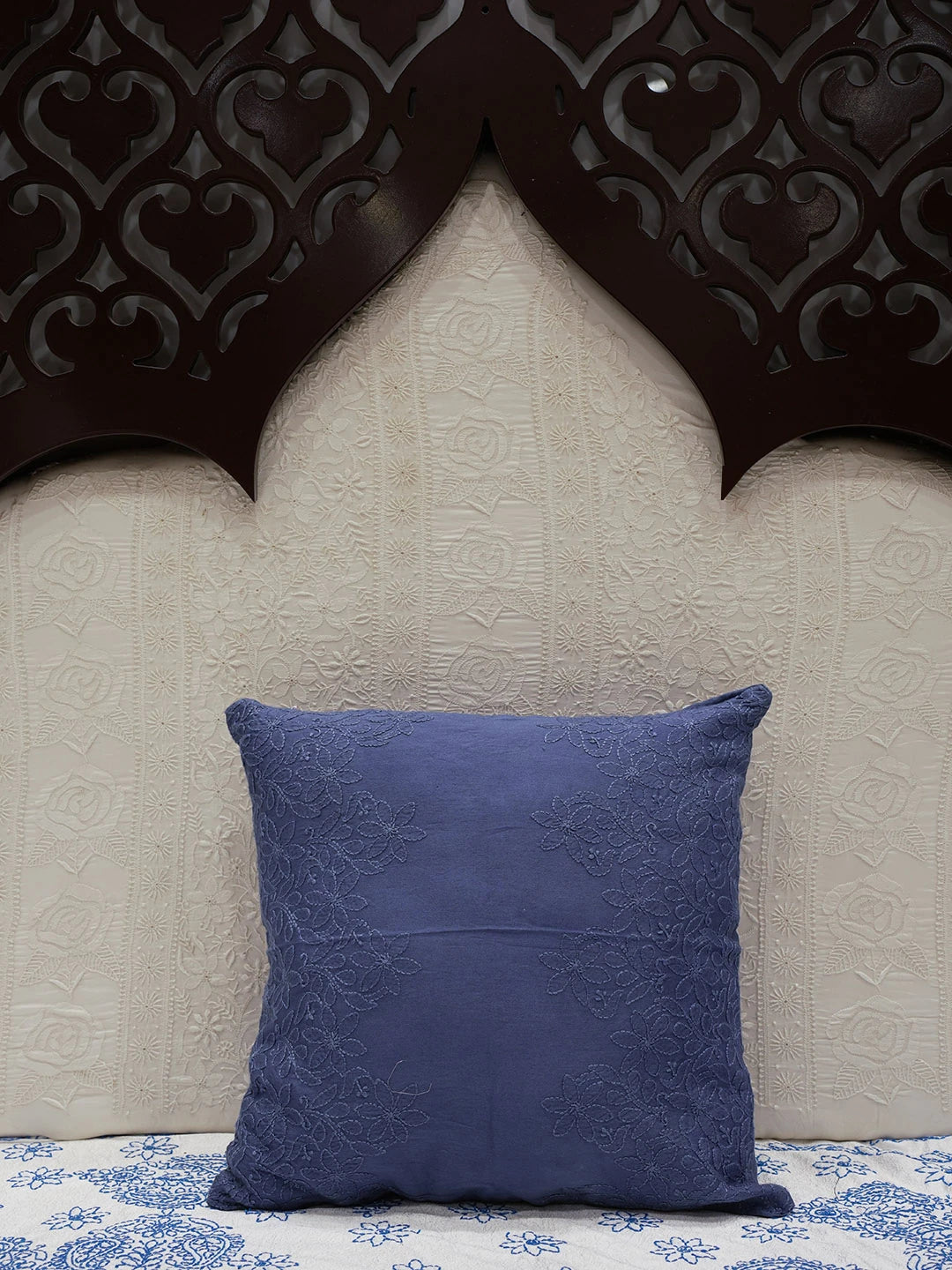 Ada Hand Embroidered Berkeley Blue Chanderi Lucknowi Chikankari Cushion Cover 01A449853