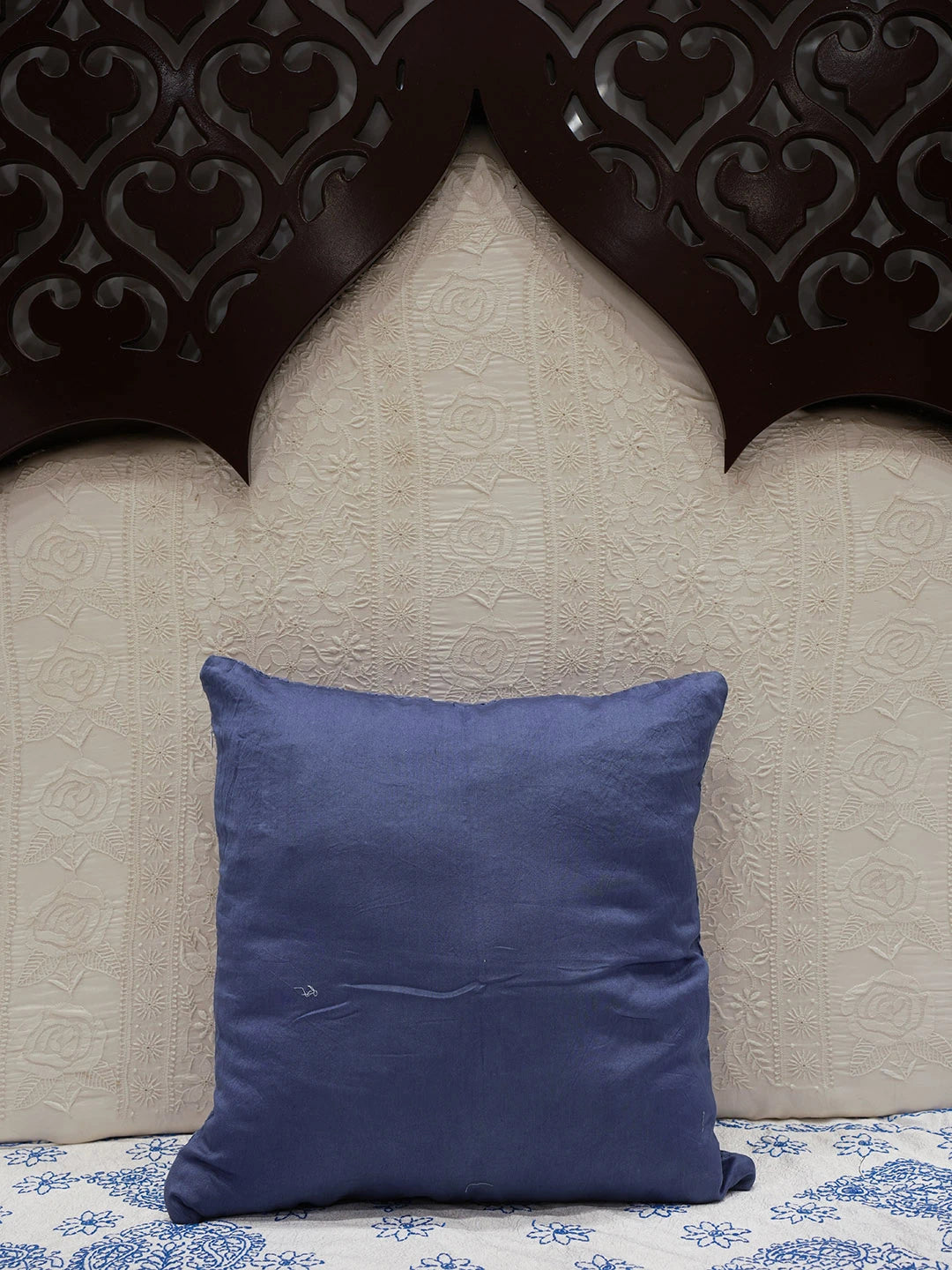 Ada Hand Embroidered Berkeley Blue Chanderi Lucknowi Chikankari Cushion Cover 01A449853