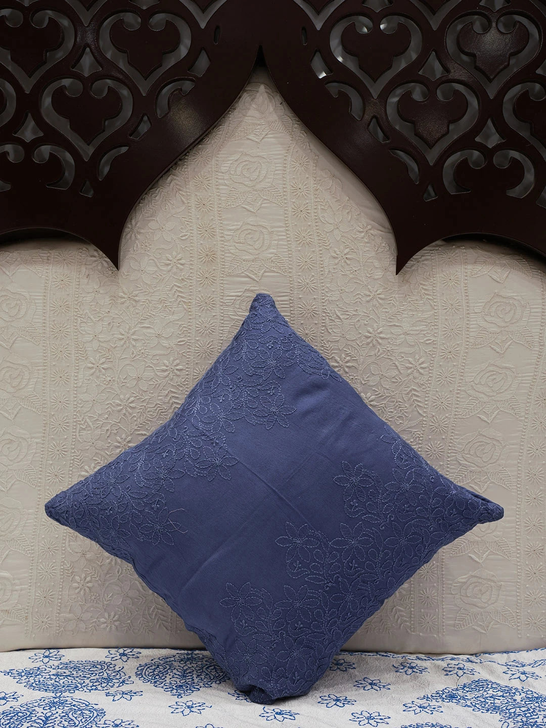 Ada Hand Embroidered Berkeley Blue Chanderi Lucknowi Chikankari Cushion Cover 01A449853