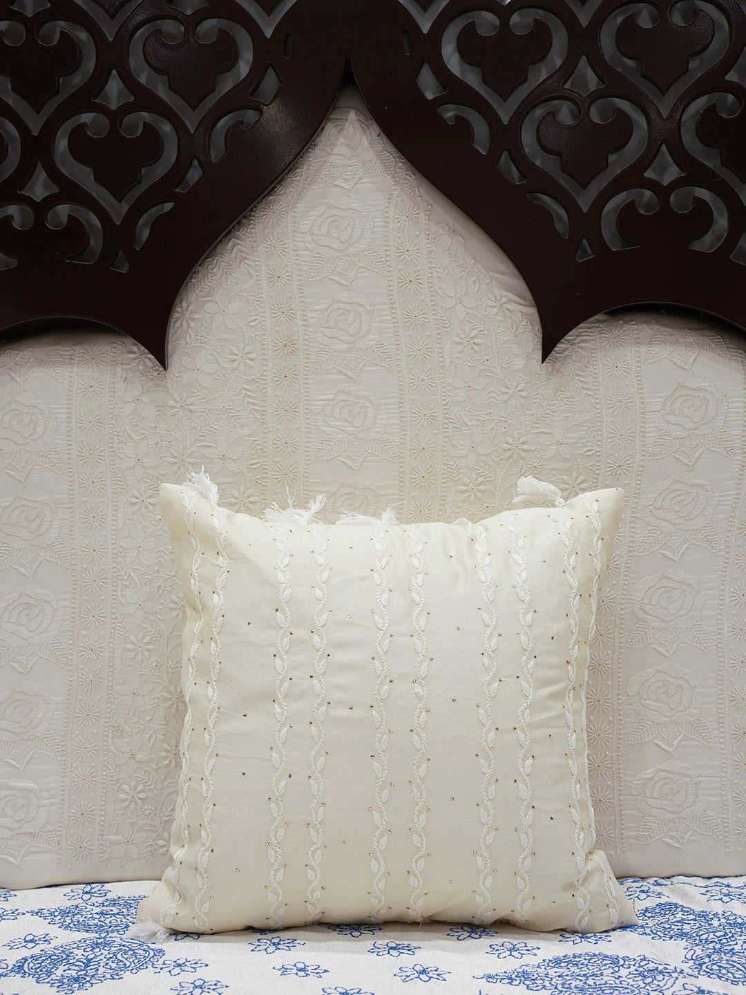Ada Hand Embroidered Beige Chanderi Lucknow Chikankari Cushion Cover with Muqaish Work 01A597875