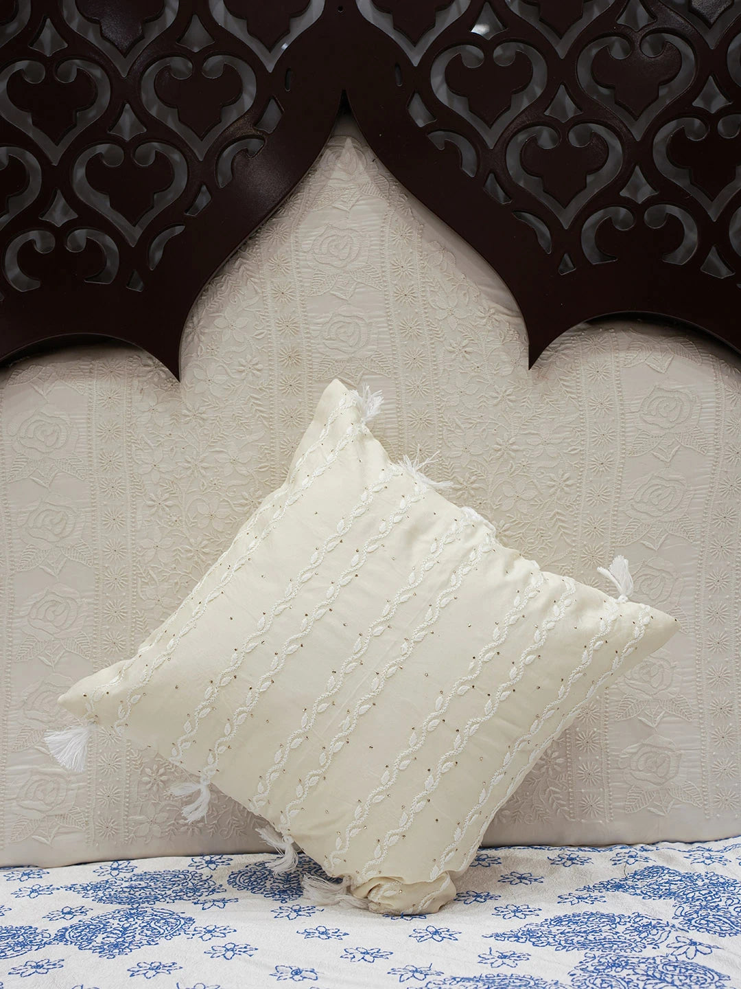 Ada Hand Embroidered Beige Chanderi Lucknow Chikankari Cushion Cover with Muqaish Work 01A597875