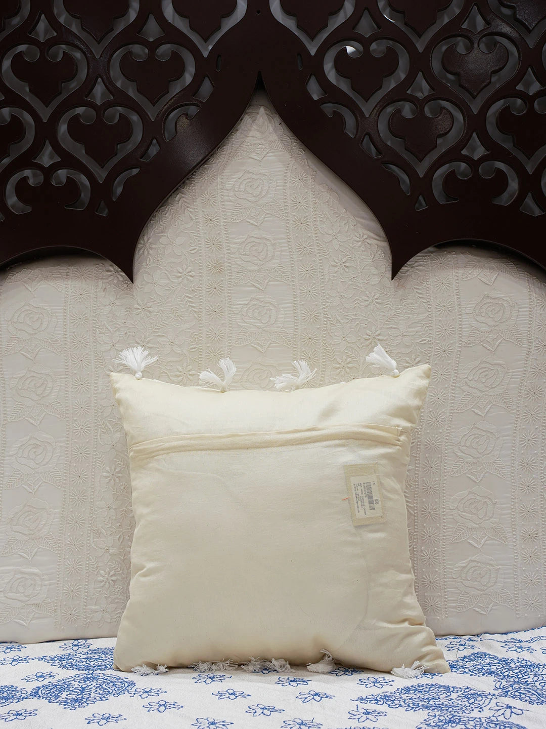 Ada Hand Embroidered Beige Chanderi Lucknow Chikankari Cushion Cover with Muqaish Work 01A597875