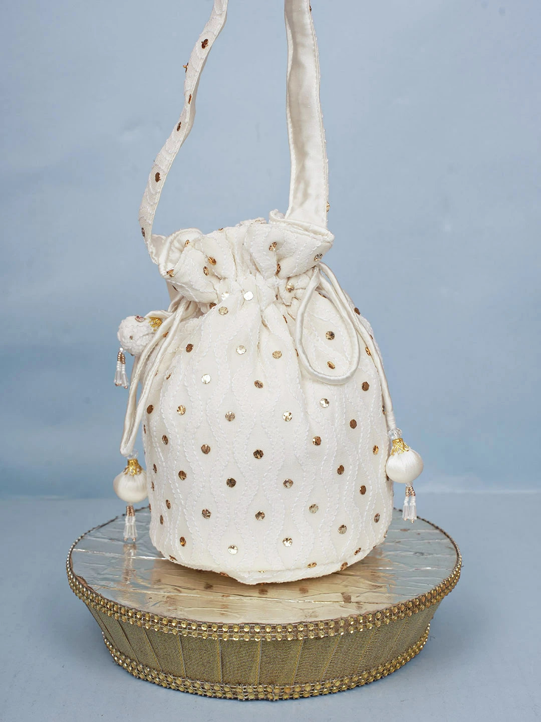 Ada Hand Embroidered White Pure Georgette Lucknowi Chikankari Potli Bag With Muqaish Work 01A584821