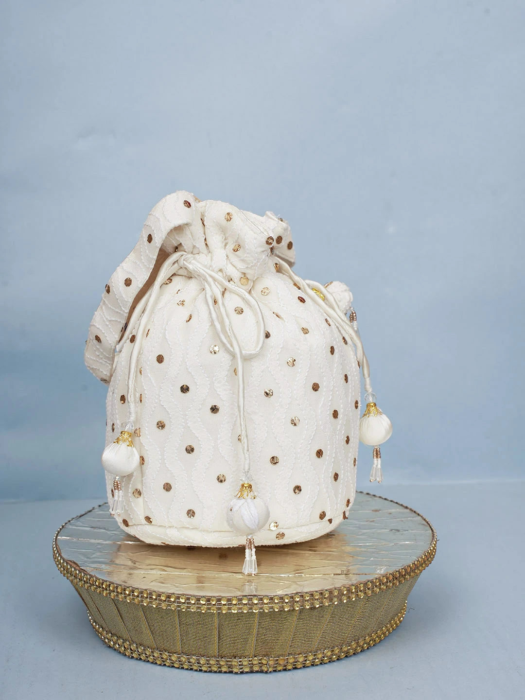 Ada Hand Embroidered White Pure Georgette Lucknowi Chikankari Potli Bag With Muqaish Work 01A584821