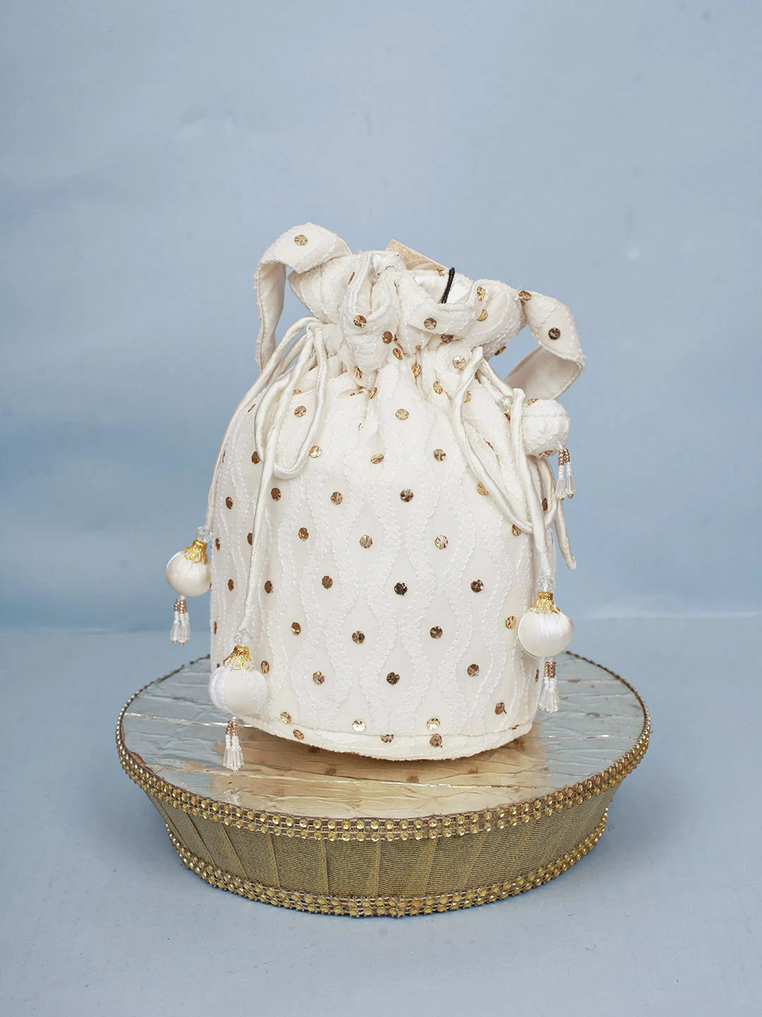 Ada Hand Embroidered White Pure Georgette Lucknowi Chikankari Potli Bag With Muqaish Work 01A584821