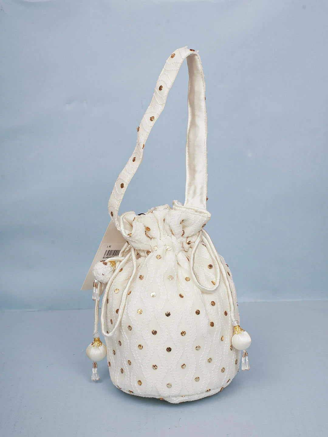 Ada Hand Embroidered White Pure Georgette Lucknowi Chikankari Potli Bag With Muqaish Work 01A584821