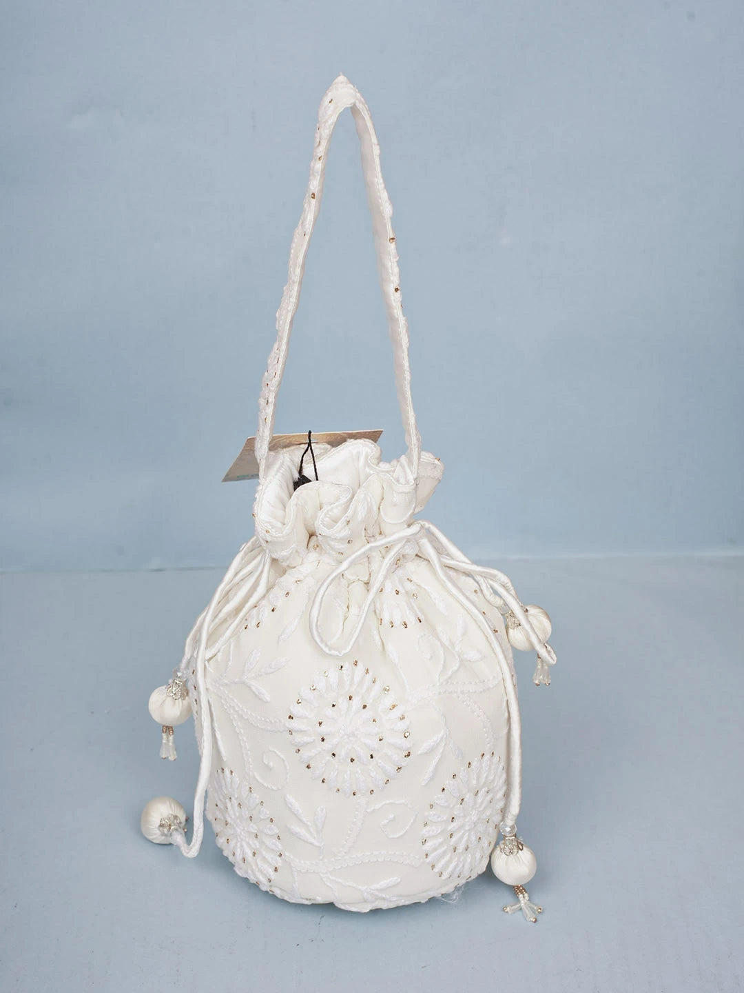 Ada Hand Embroidered White Pure Georgette Lucknowi Chikankari Potli Bag With Muqaish Work 01A577822