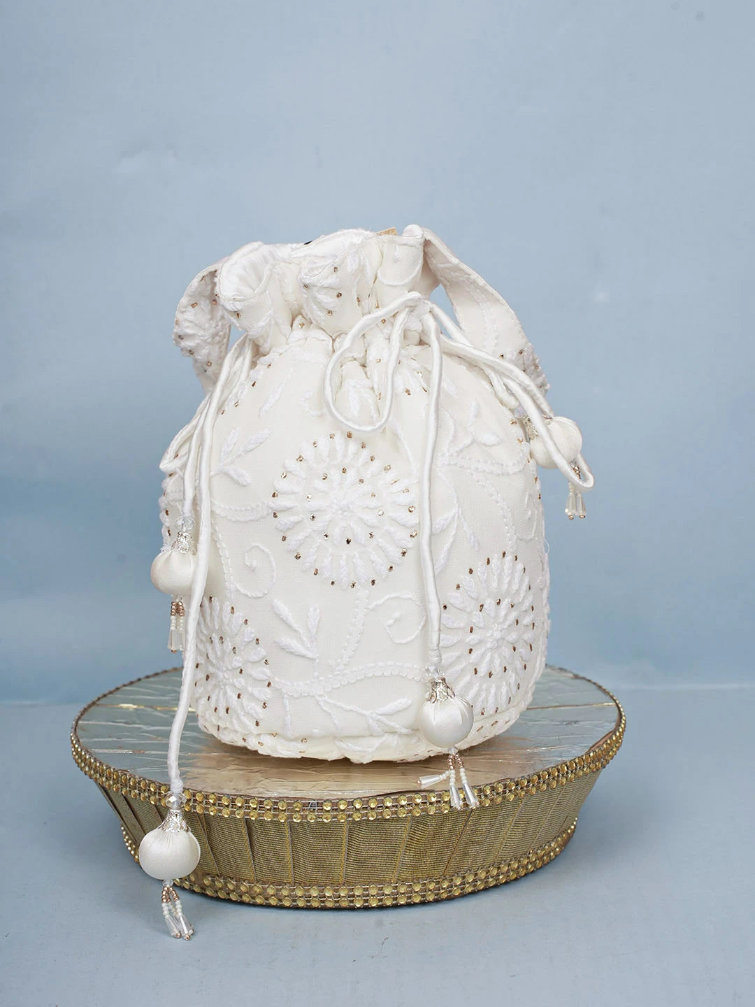 Ada Hand Embroidered White Pure Georgette Lucknowi Chikankari Potli Bag With Muqaish Work 01A577822