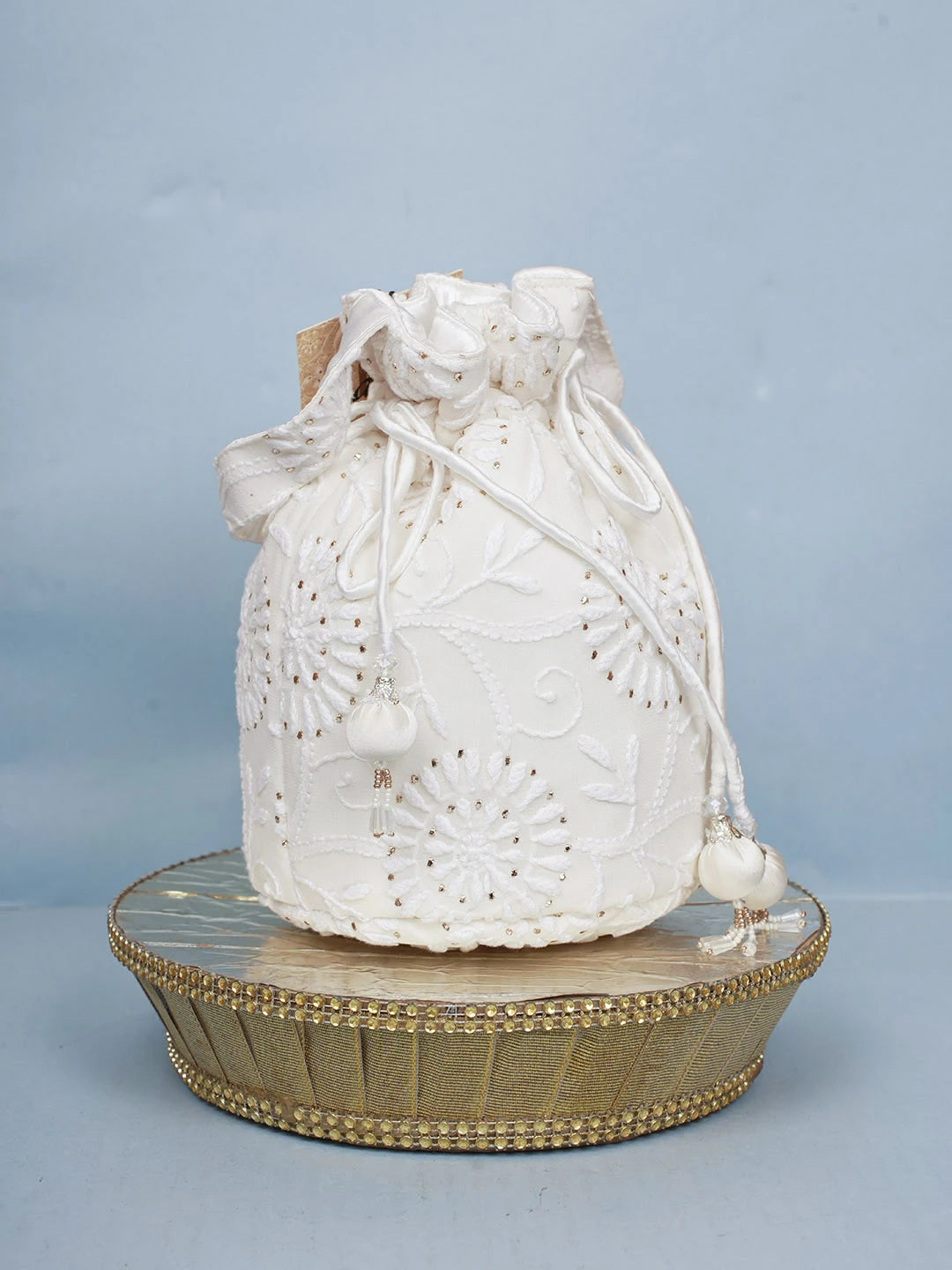 Ada Hand Embroidered White Pure Georgette Lucknowi Chikankari Potli Bag With Muqaish Work 01A577822