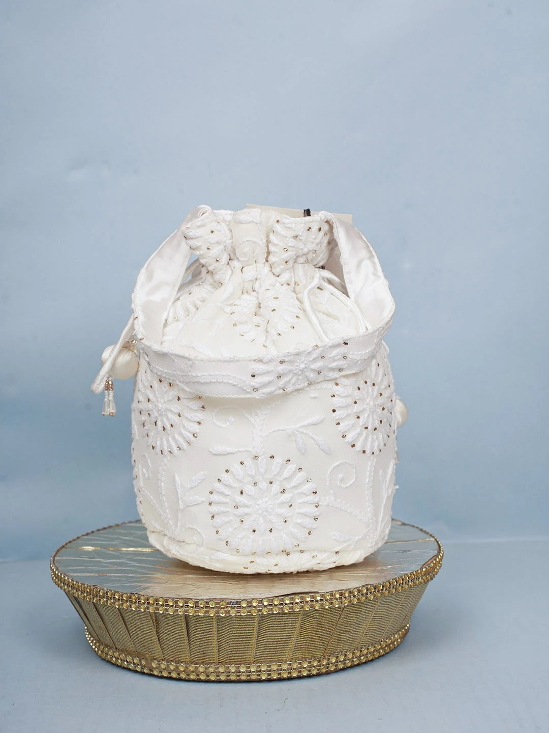 Ada Hand Embroidered White Pure Georgette Lucknowi Chikankari Potli Bag With Muqaish Work 01A577822