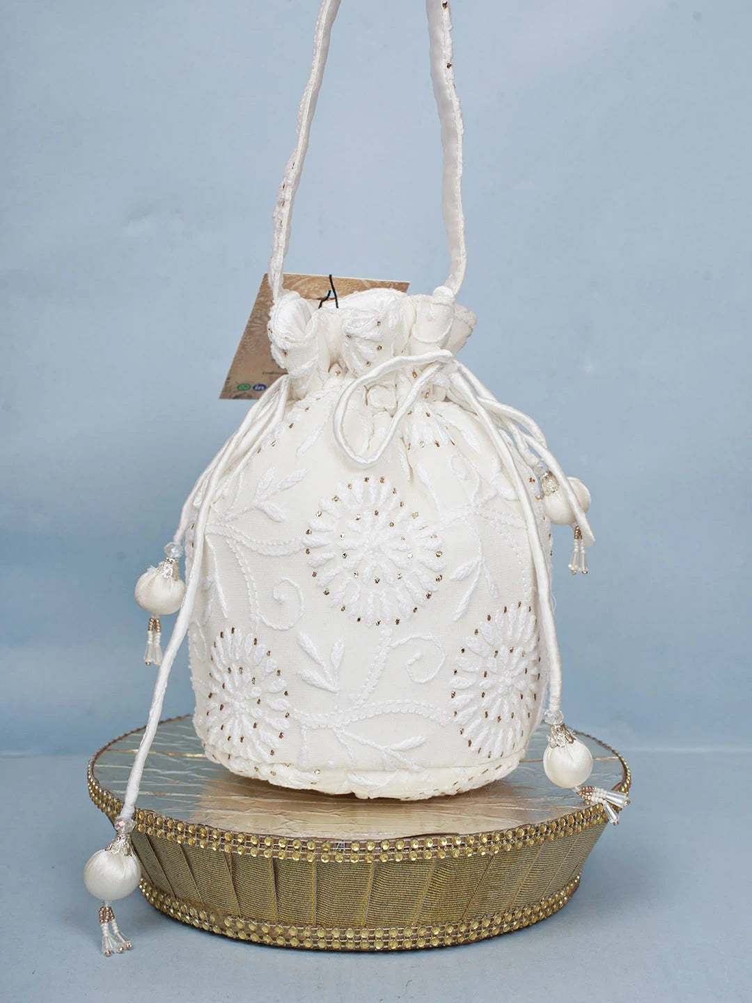 Ada Hand Embroidered White Pure Georgette Lucknowi Chikankari Potli Bag With Muqaish Work 01A577822