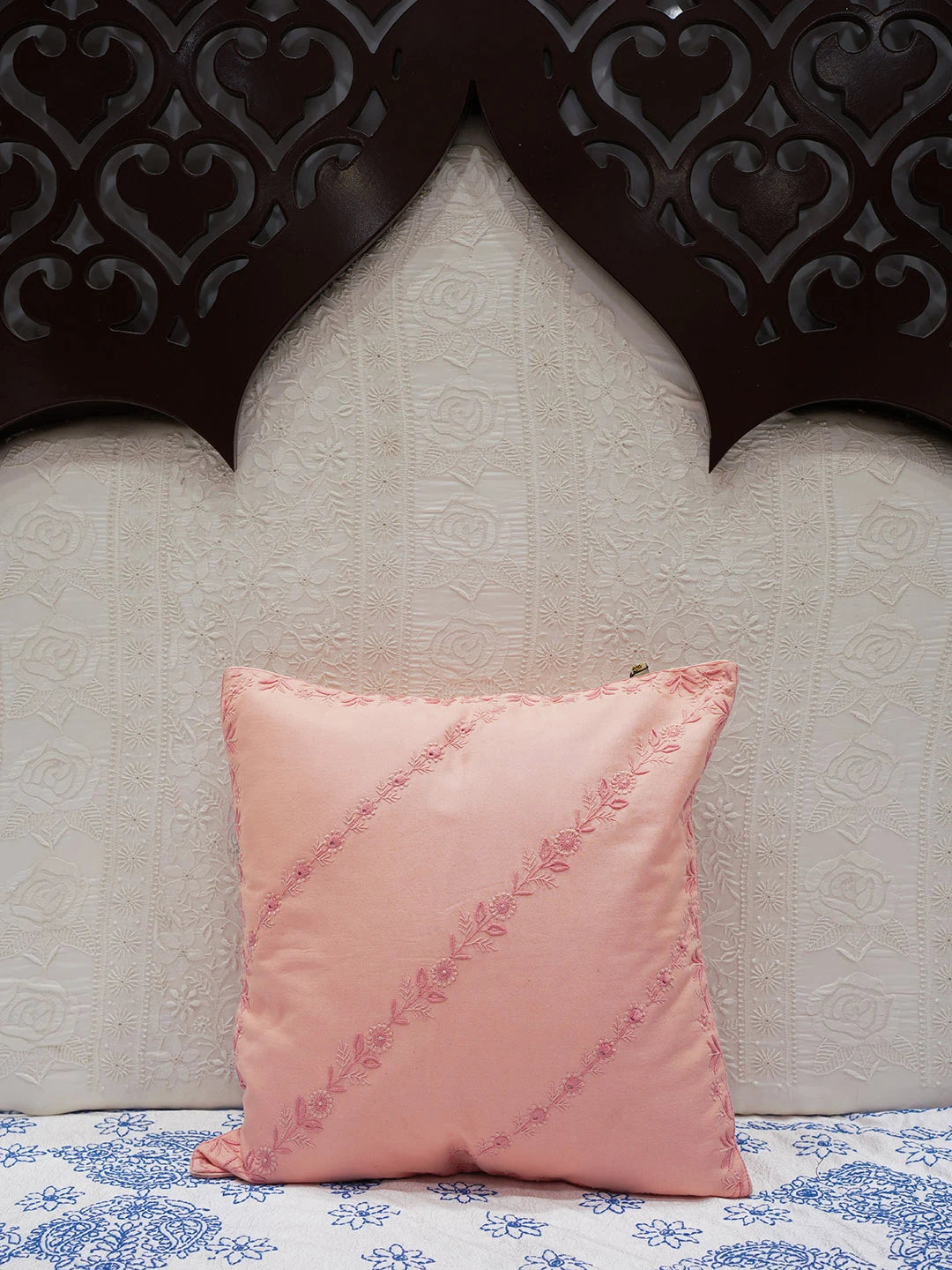 Ada Hand Embroidered Peach Pink Silk Lucknowi Chikankari Cushion Cover 01A168132