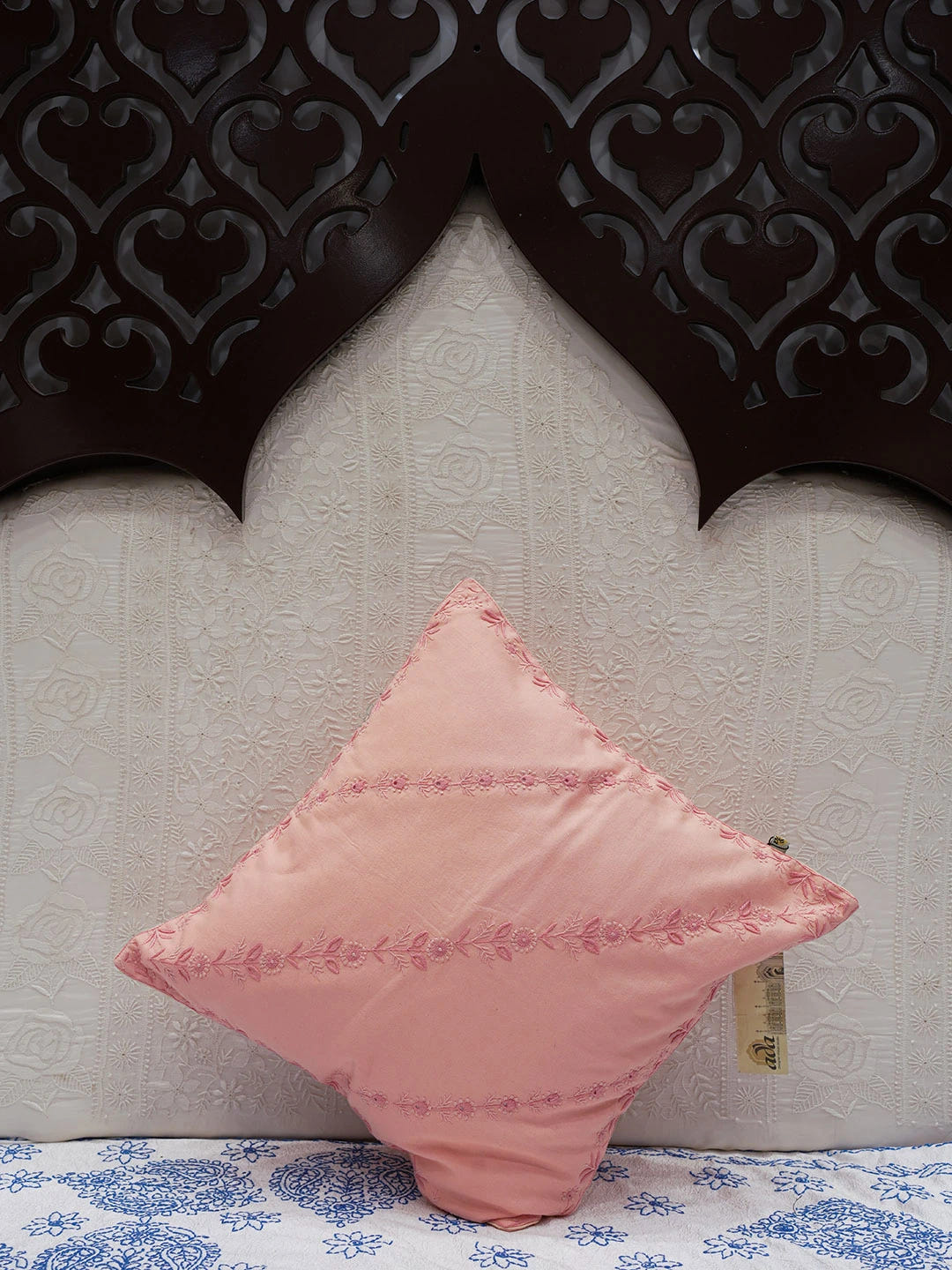 Ada Hand Embroidered Peach Pink Silk Lucknowi Chikankari Cushion Cover 01A168132