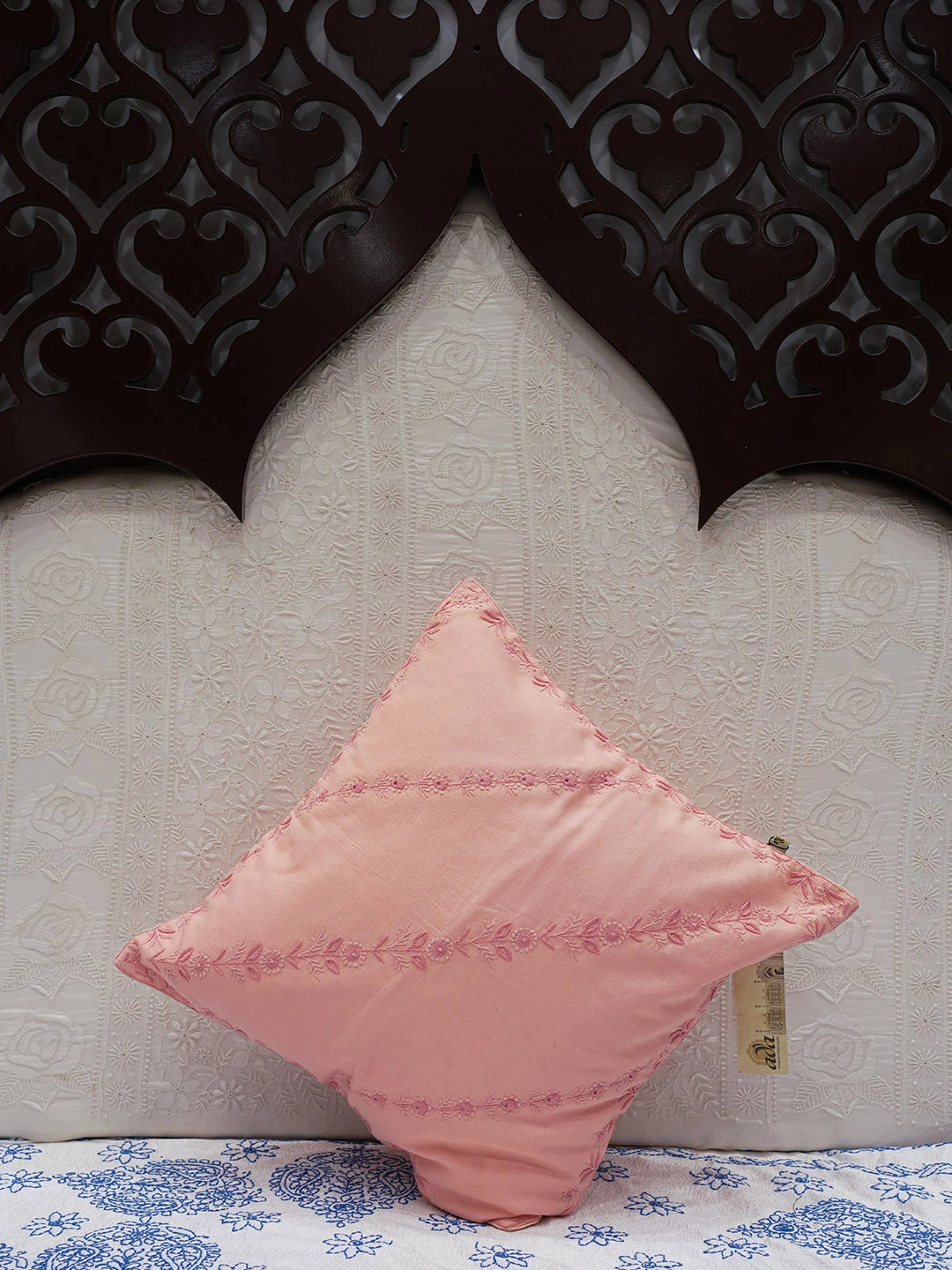 Ada Hand Embroidered Peach Pink Silk Lucknowi Chikankari Cushion Cover 01A168132