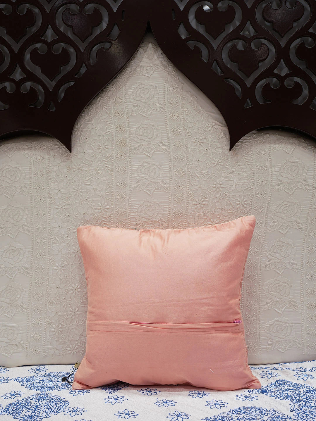 Ada Hand Embroidered Peach Pink Silk Lucknowi Chikankari Cushion Cover 01A168132