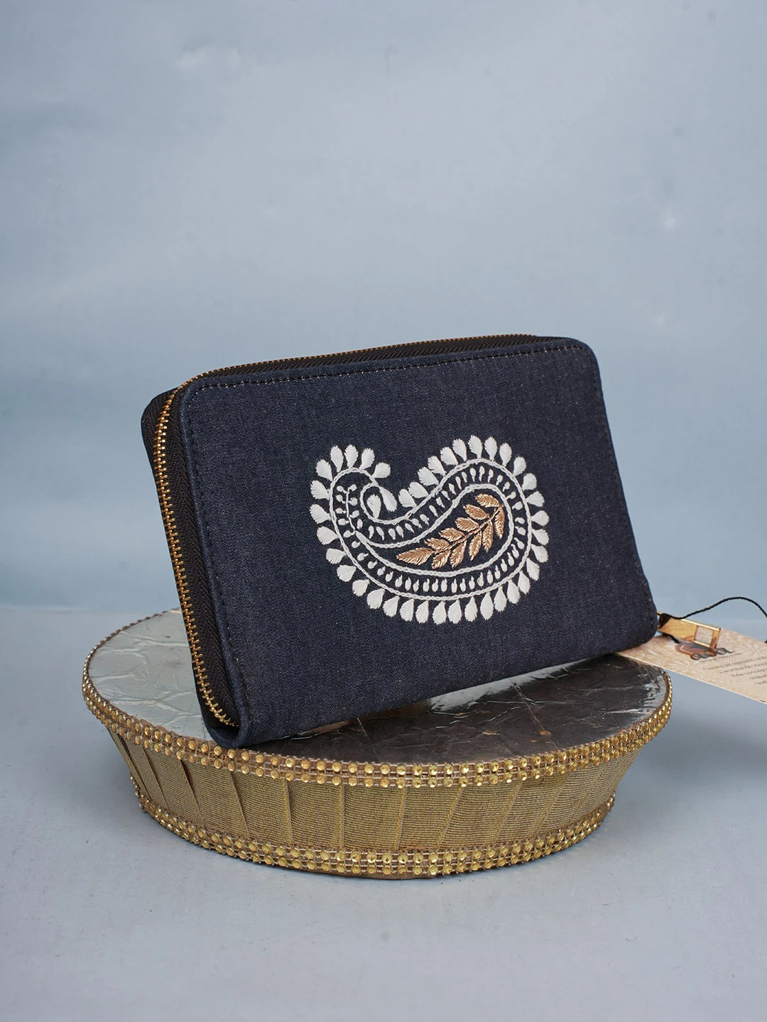 Ada Hand Embroidered Navy Blue Denim Lucknowi Chikankari Clutch With Zari Work 01A583862