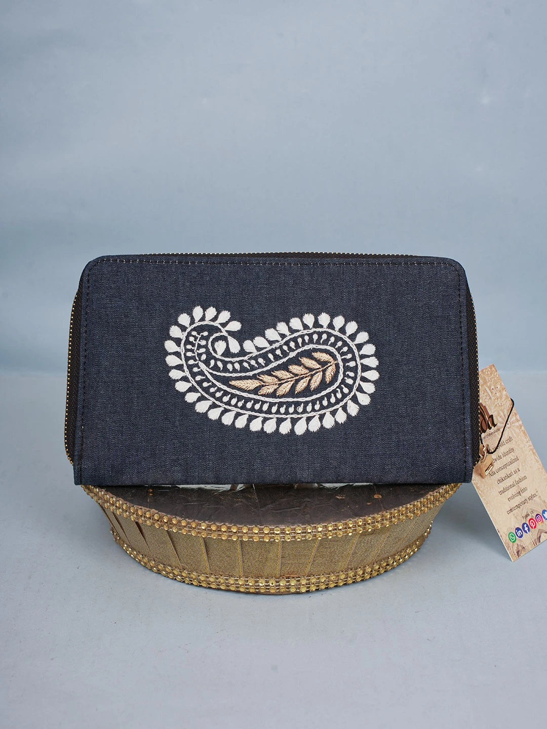 Ada Hand Embroidered Navy Blue Denim Lucknowi Chikankari Clutch With Zari Work 01A583862