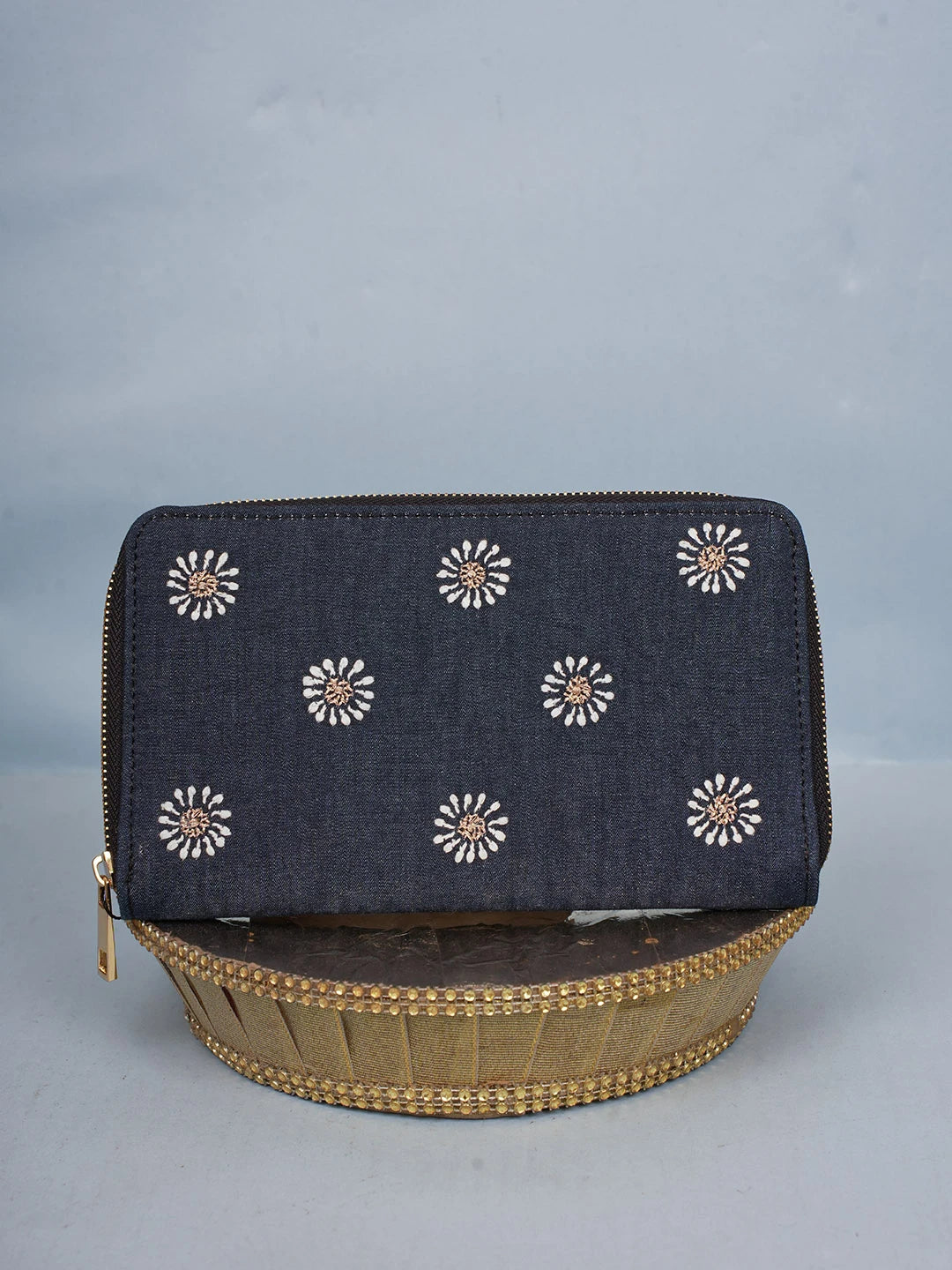 Ada Hand Embroidered Navy Blue Denim Lucknowi Chikankari Clutch With Zari Work 01A583862