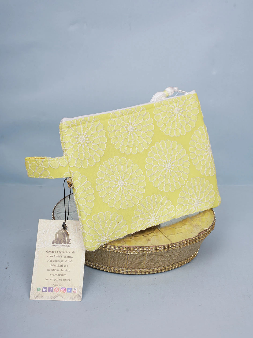 Ada Hand Embroidered Yellow Viscose Georgette Lucknowi Chikankari Pouch 01A596896