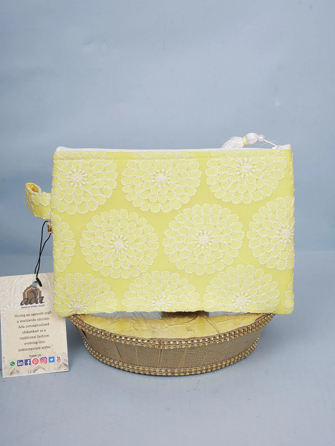 Ada Hand Embroidered Yellow Viscose Georgette Lucknowi Chikankari Pouch 01A596896