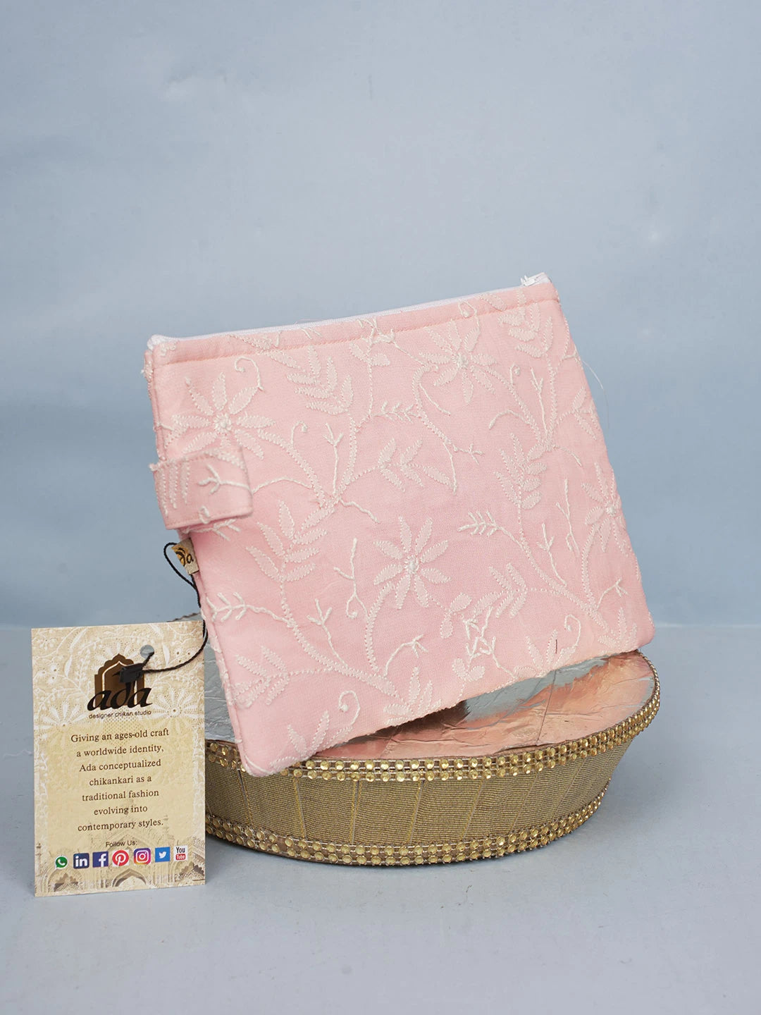 Ada Hand Embroidered Pastel Peach Pure Georgette Lucknowi Chikankari Pouch 01A596893
