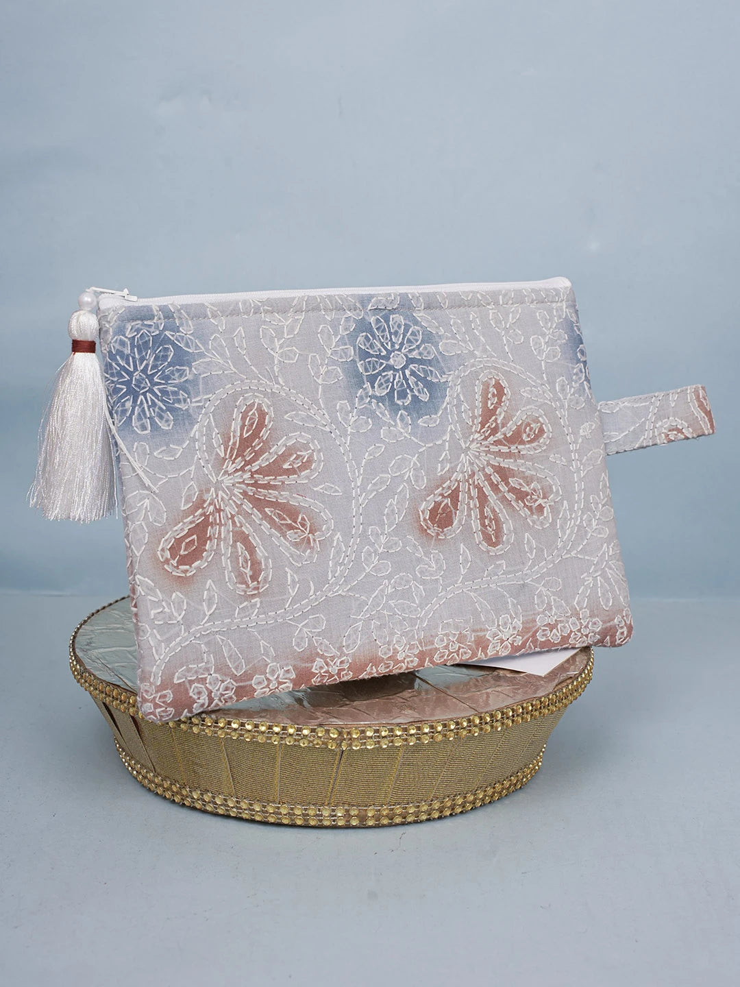 Ada Hand Embroidered Grey Cotton Lucknowi Chikankari Pouch 01A596842