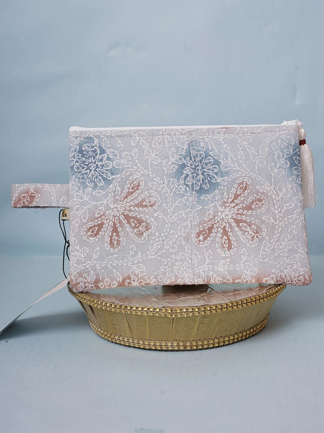 Ada Hand Embroidered Grey Cotton Lucknowi Chikankari Pouch 01A596842