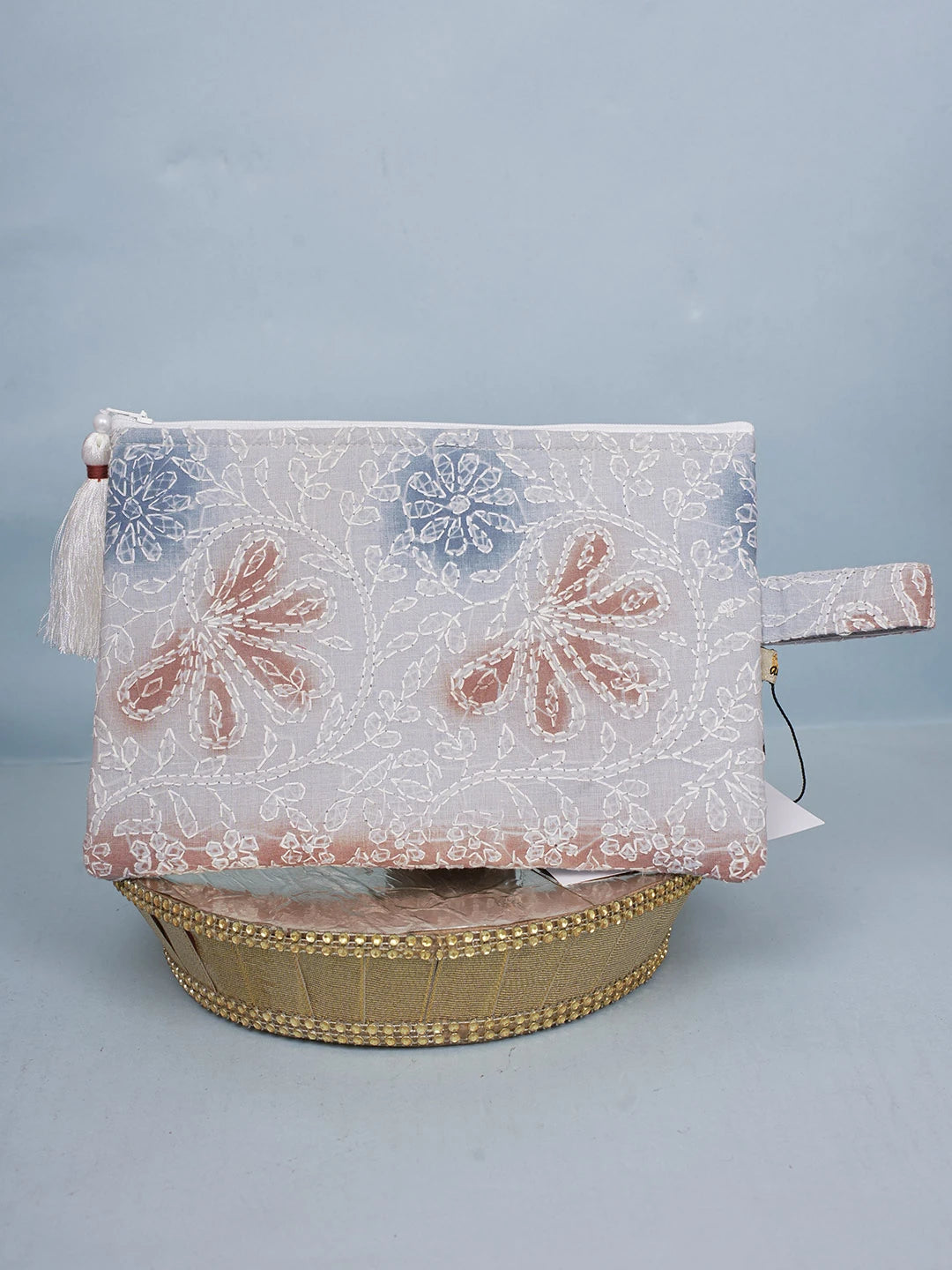 Ada Hand Embroidered Grey Cotton Lucknowi Chikankari Pouch 01A596842