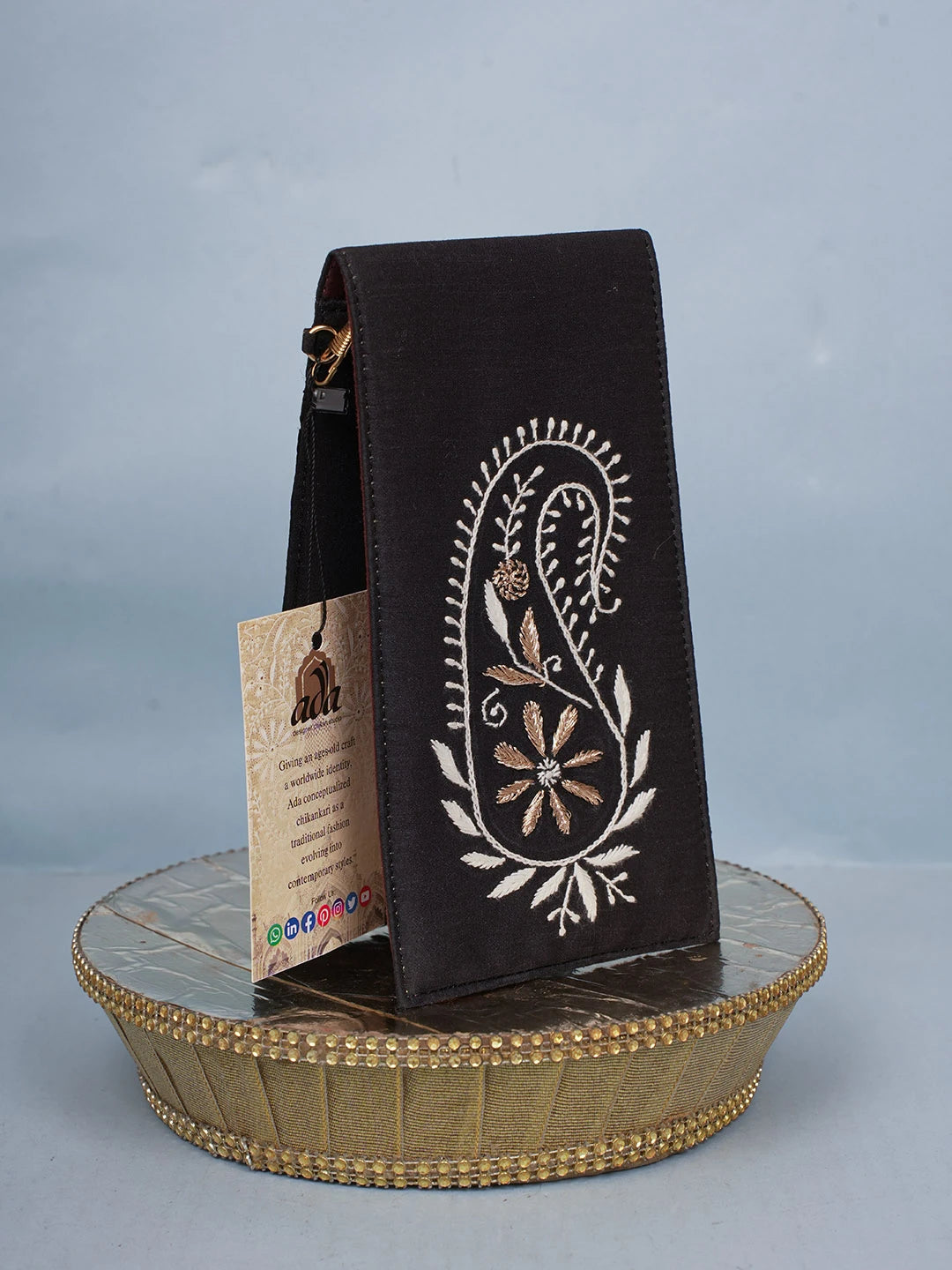 Ada Hand Embroidered Black Silk Lucknowi Chikankari Mobile Cover With Zari Work 01A578225