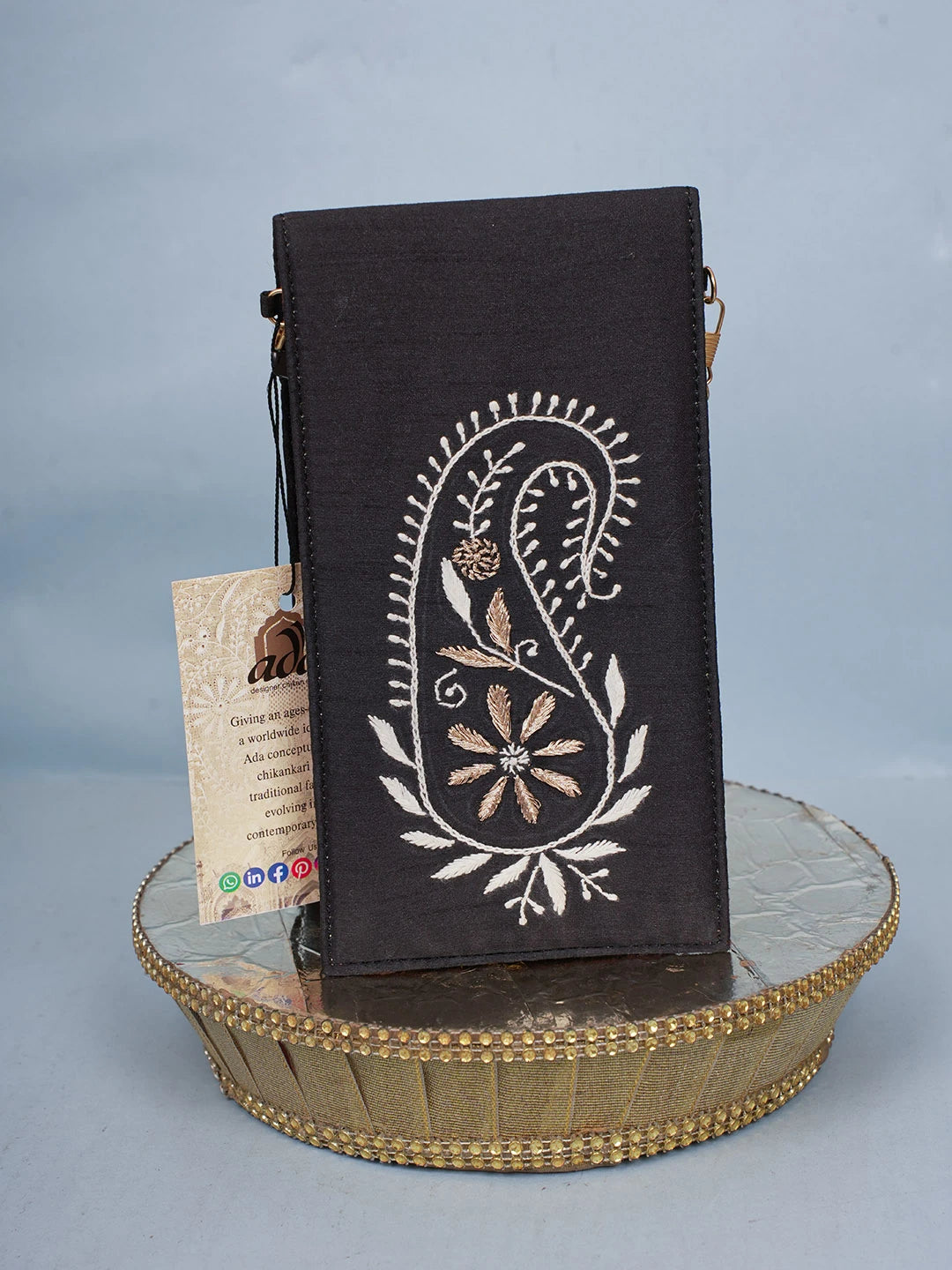 Ada Hand Embroidered Black Silk Lucknowi Chikankari Mobile Cover With Zari Work 01A578225