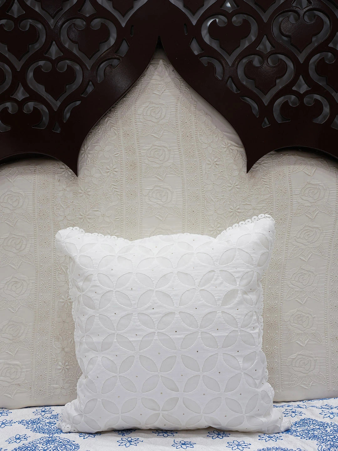 Ada Hand Embroidered White Organza Lucknowi Chikankari Cushion Cover 01A591481