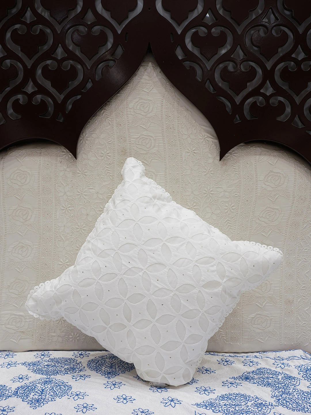 Ada Hand Embroidered White Organza Lucknowi Chikankari Cushion Cover 01A591481