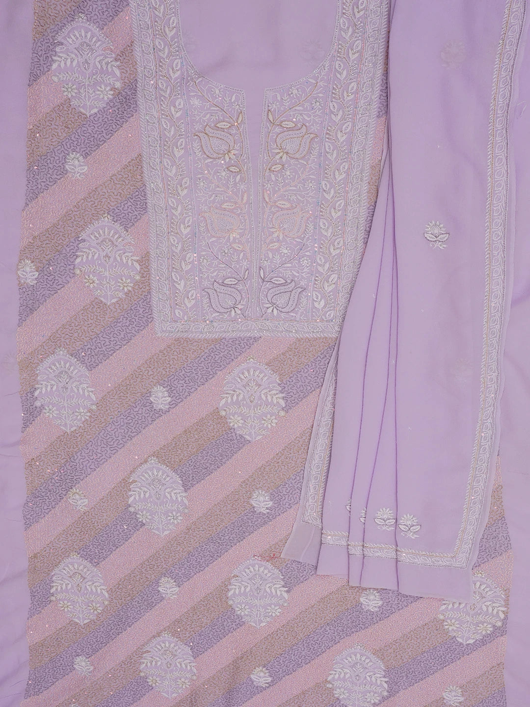 Ada Hand Embroidered Mauve Pure Georgette Lucknowi Chikankari Unstitched Kurta Dupatta Set With Cutdana and Sequinned Work 01A545895