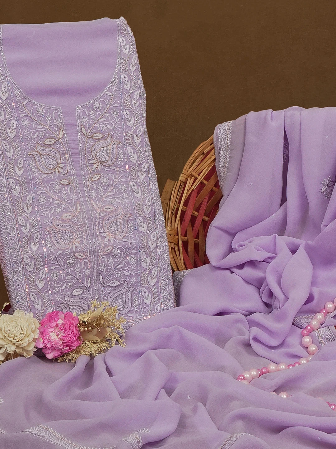 Ada Hand Embroidered Mauve Pure Georgette Lucknowi Chikankari Unstitched Kurta Dupatta Set With Cutdana and Sequinned Work 01A545895