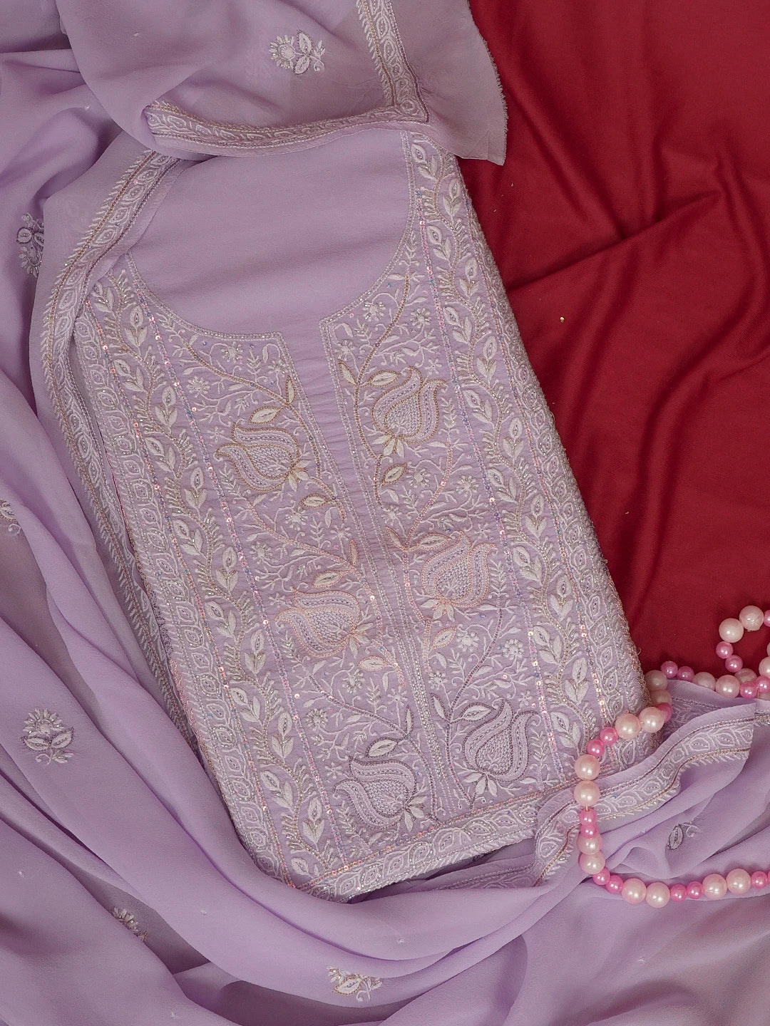 Ada Hand Embroidered Mauve Pure Georgette Lucknowi Chikankari Unstitched Kurta Dupatta Set With Cutdana and Sequinned Work 01A545895