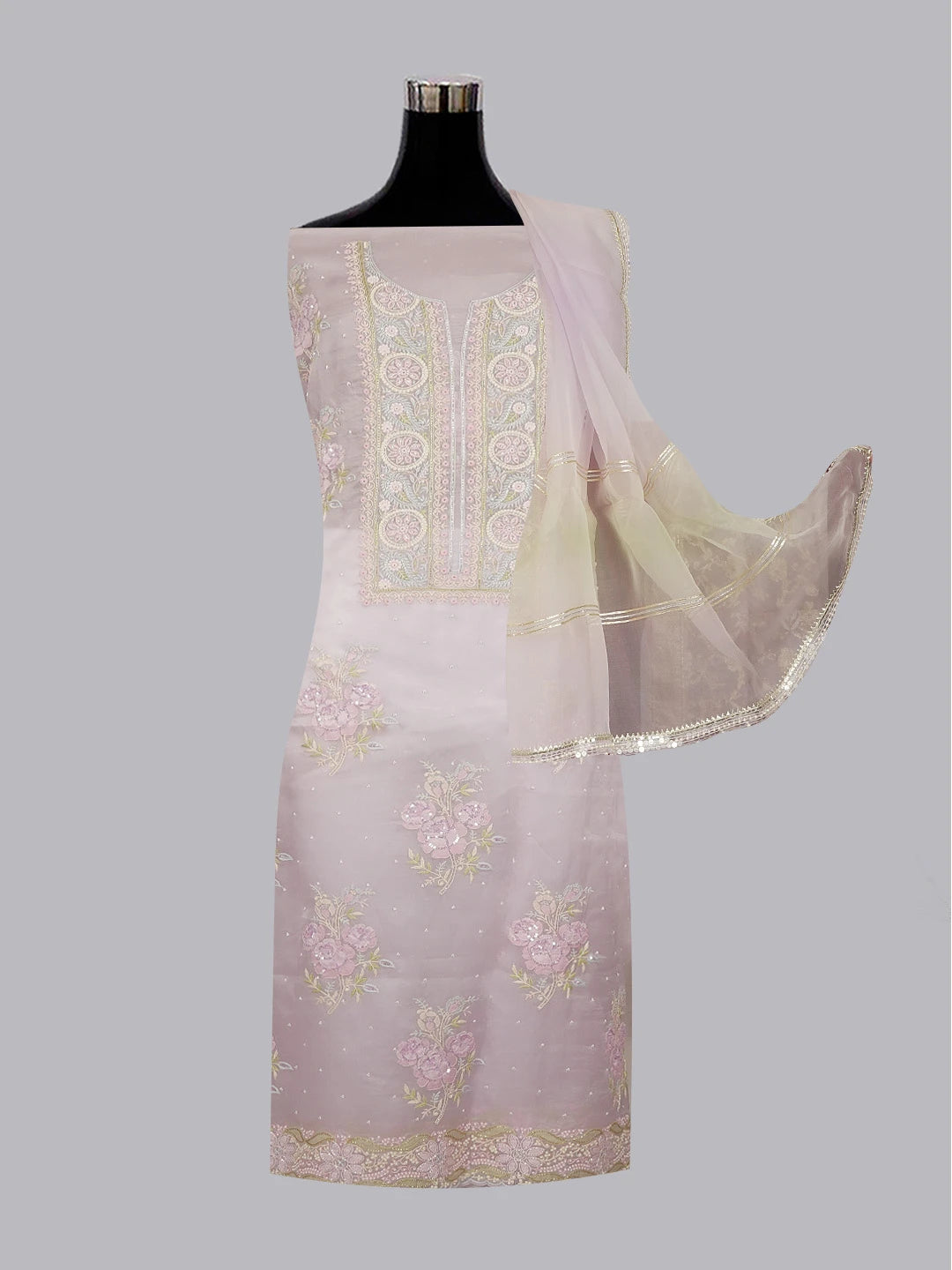 Ada Hand Embroidered Light Mauve Organza Lucknowi Chikankari Unstitched Kurta Dupatta Set With Parsi Work 01A582230