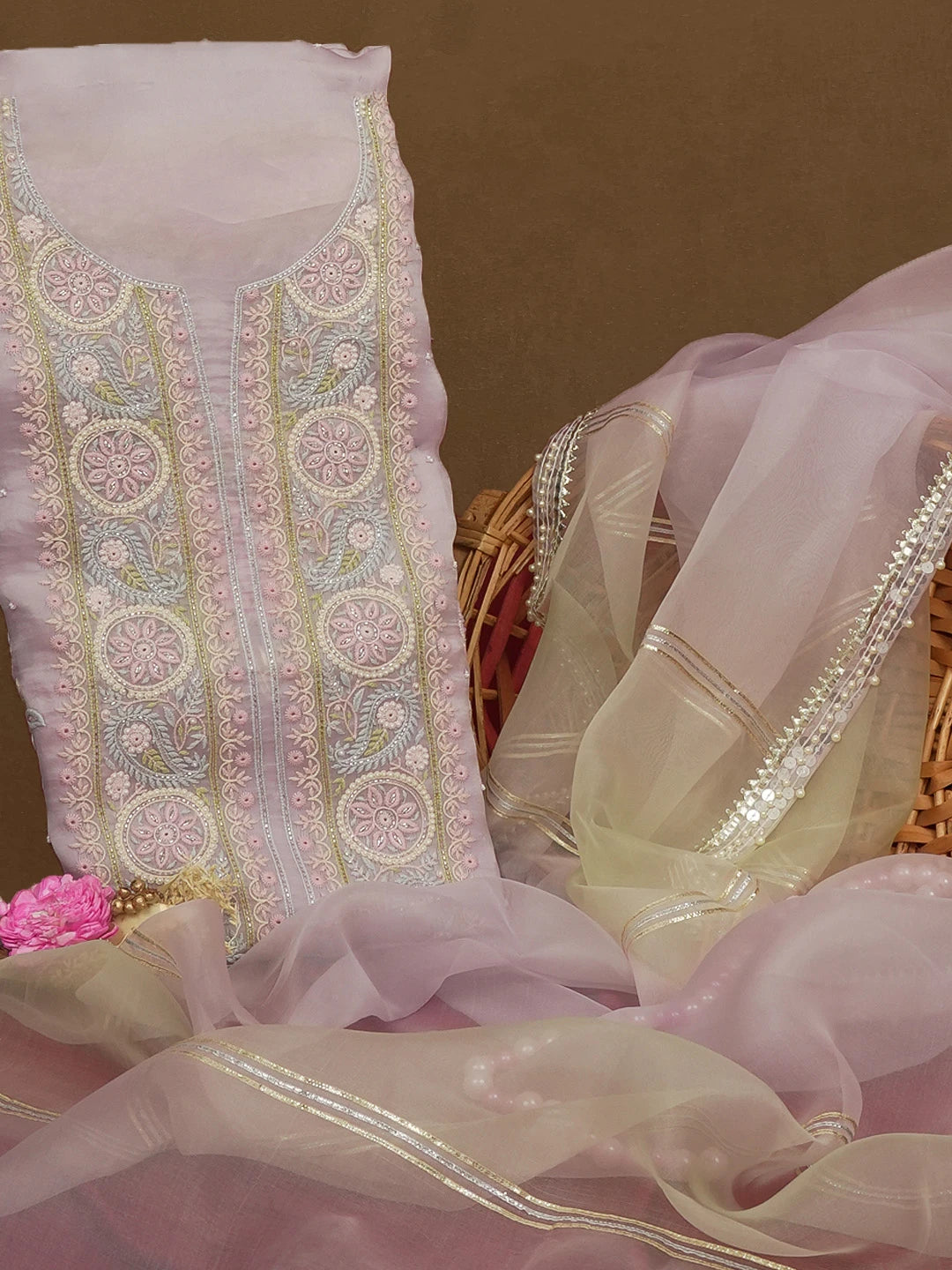 Ada Hand Embroidered Light Mauve Organza Lucknowi Chikankari Unstitched Kurta Dupatta Set With Parsi Work 01A582230
