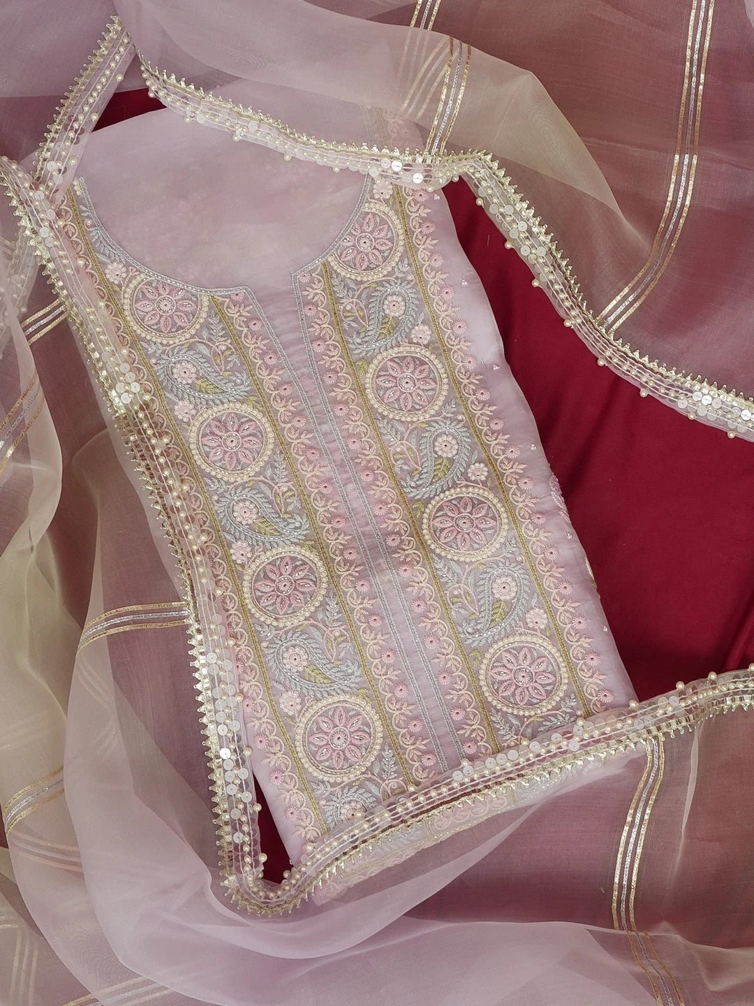 Ada Hand Embroidered Light Mauve Organza Lucknowi Chikankari Unstitched Kurta Dupatta Set With Parsi Work 01A582230