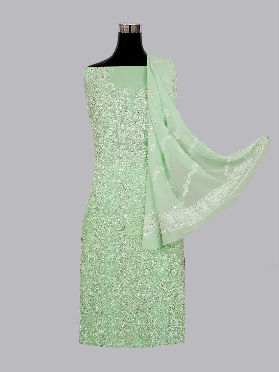 Ada Hand Embroidered Sea Green Pure Georgette Lucknowi Chikankari Unstitched Kurta Dupatta Set With Cutdana and Sequinned Work 01A576069