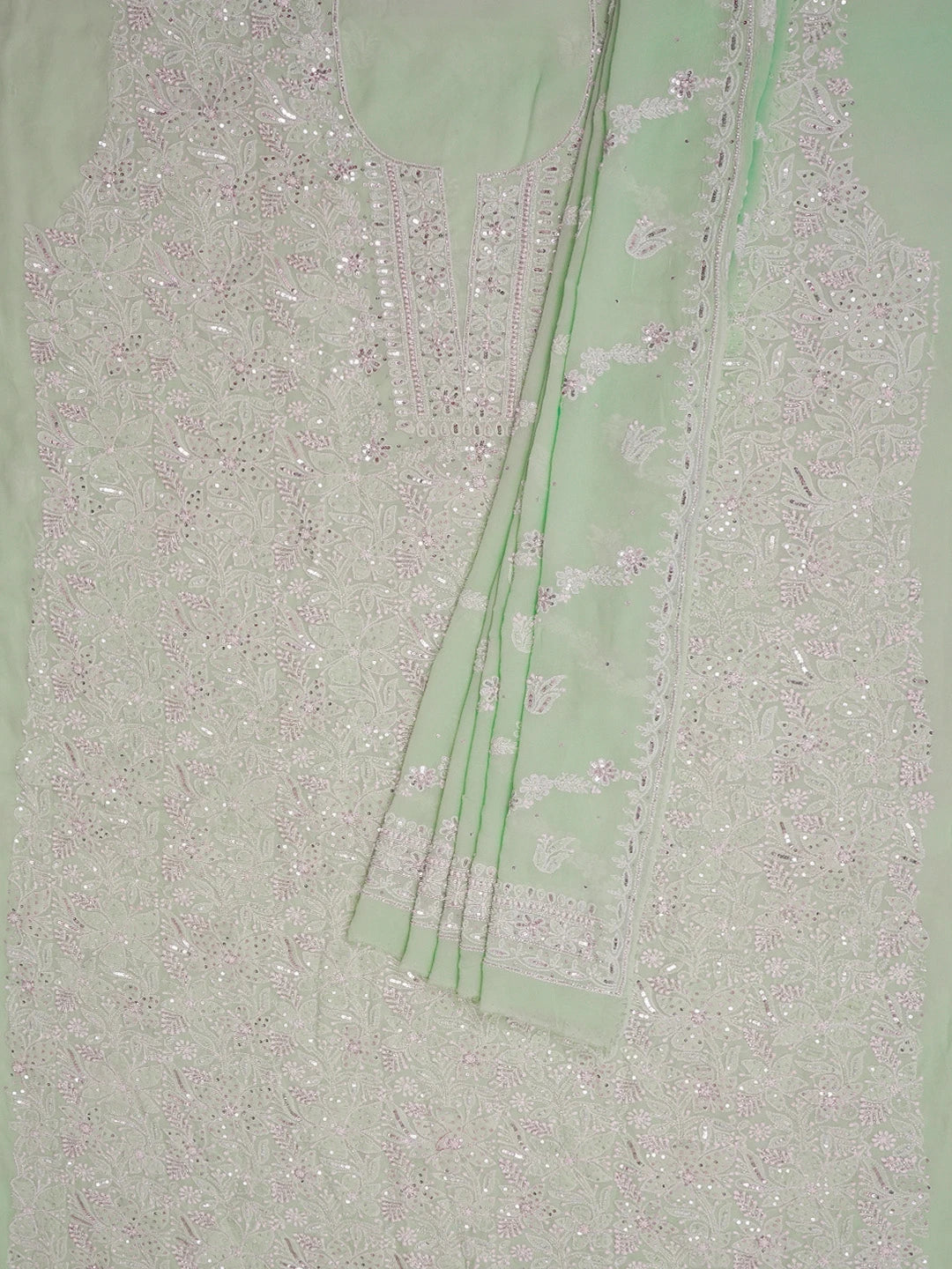 Ada Hand Embroidered Sea Green Pure Georgette Lucknowi Chikankari Unstitched Kurta Dupatta Set With Cutdana and Sequinned Work 01A576069