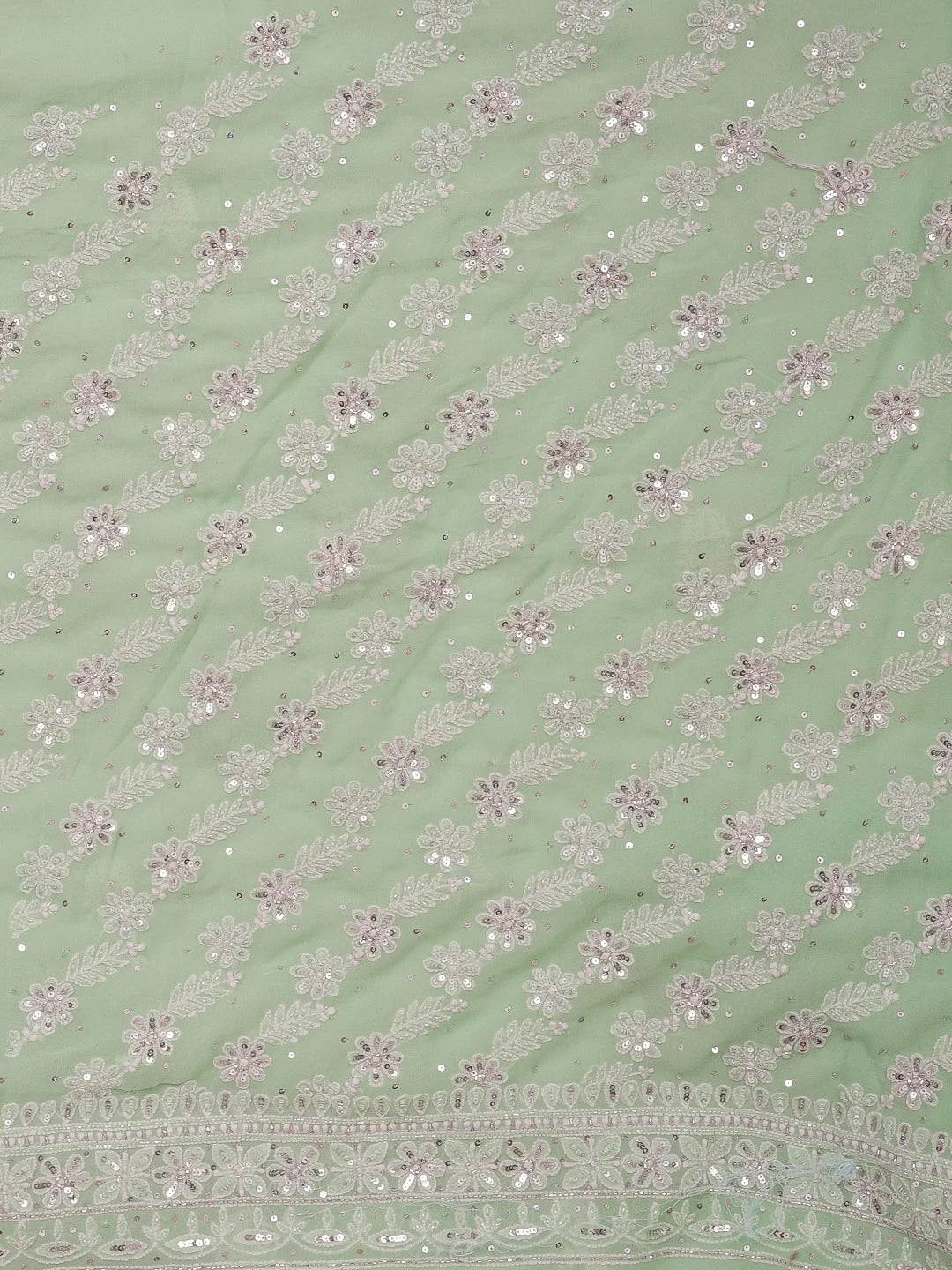 Ada Hand Embroidered Sea Green Pure Georgette Lucknowi Chikankari Unstitched Kurta Dupatta Set With Cutdana and Sequinned Work 01A576069