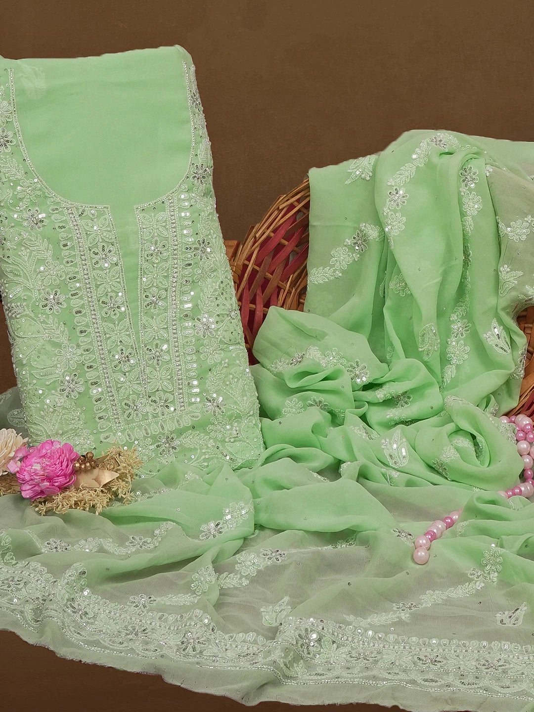 Ada Hand Embroidered Sea Green Pure Georgette Lucknowi Chikankari Unstitched Kurta Dupatta Set With Cutdana and Sequinned Work 01A576069