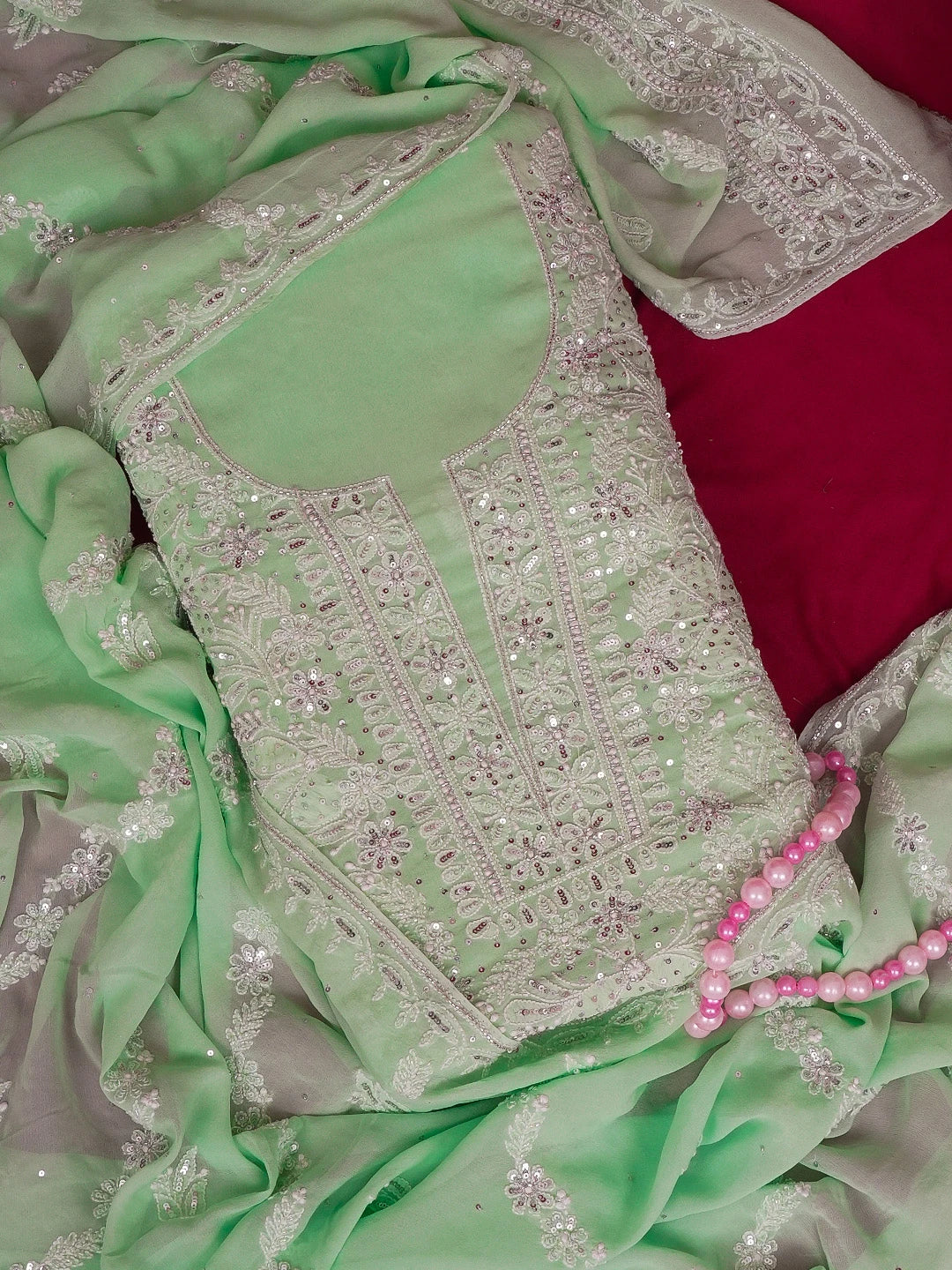 Ada Hand Embroidered Sea Green Pure Georgette Lucknowi Chikankari Unstitched Kurta Dupatta Set With Cutdana and Sequinned Work 01A576069