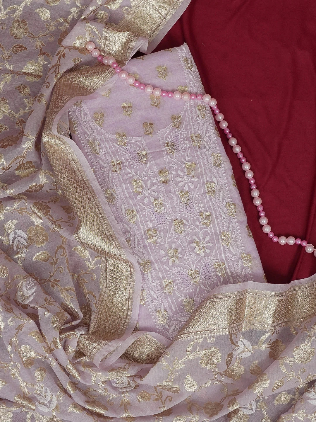 Ada Hand Embroidered Pastel Mauve Chanderi Lucknowi Chikankari Unstitched Kurta Dupatta Set 01A577405