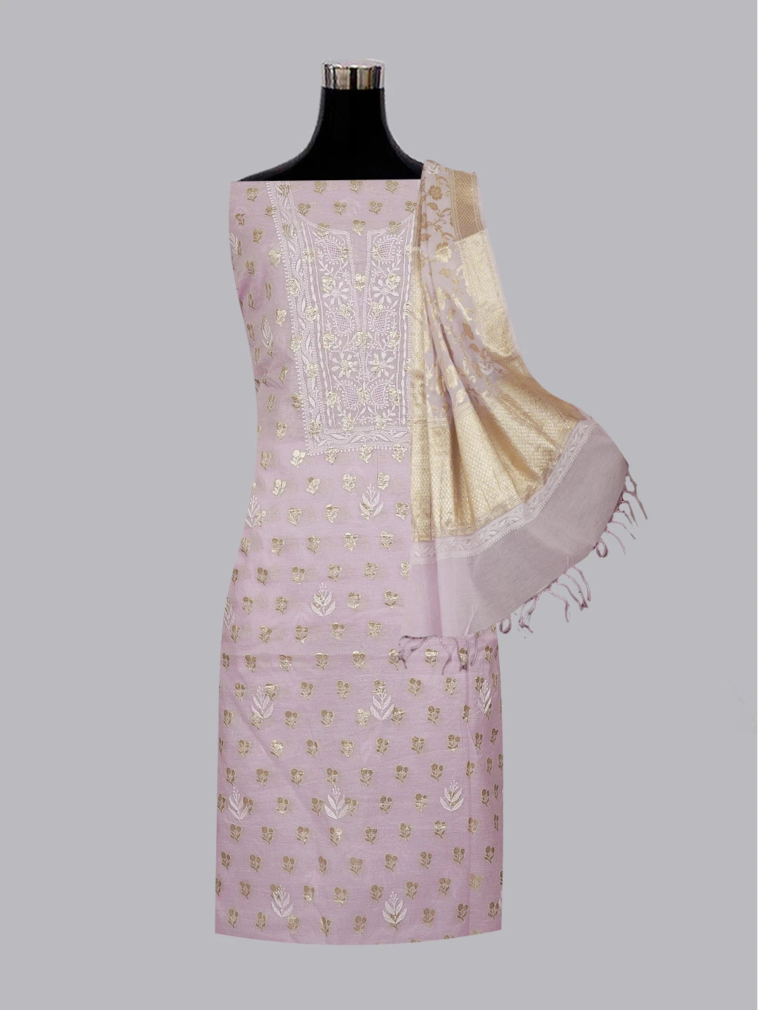 Ada Hand Embroidered Pastel Mauve Chanderi Lucknowi Chikankari Unstitched Kurta Dupatta Set 01A577405