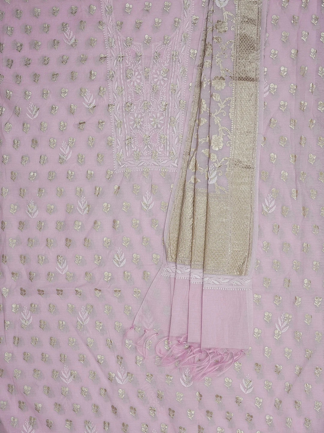 Ada Hand Embroidered Pastel Mauve Chanderi Lucknowi Chikankari Unstitched Kurta Dupatta Set 01A577405