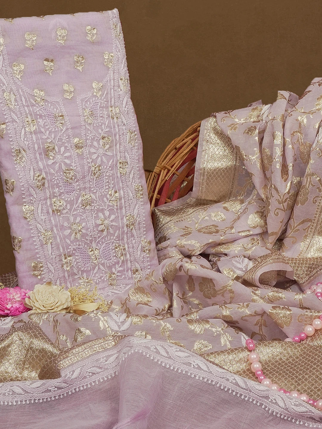 Ada Hand Embroidered Pastel Mauve Chanderi Lucknowi Chikankari Unstitched Kurta Dupatta Set 01A577405