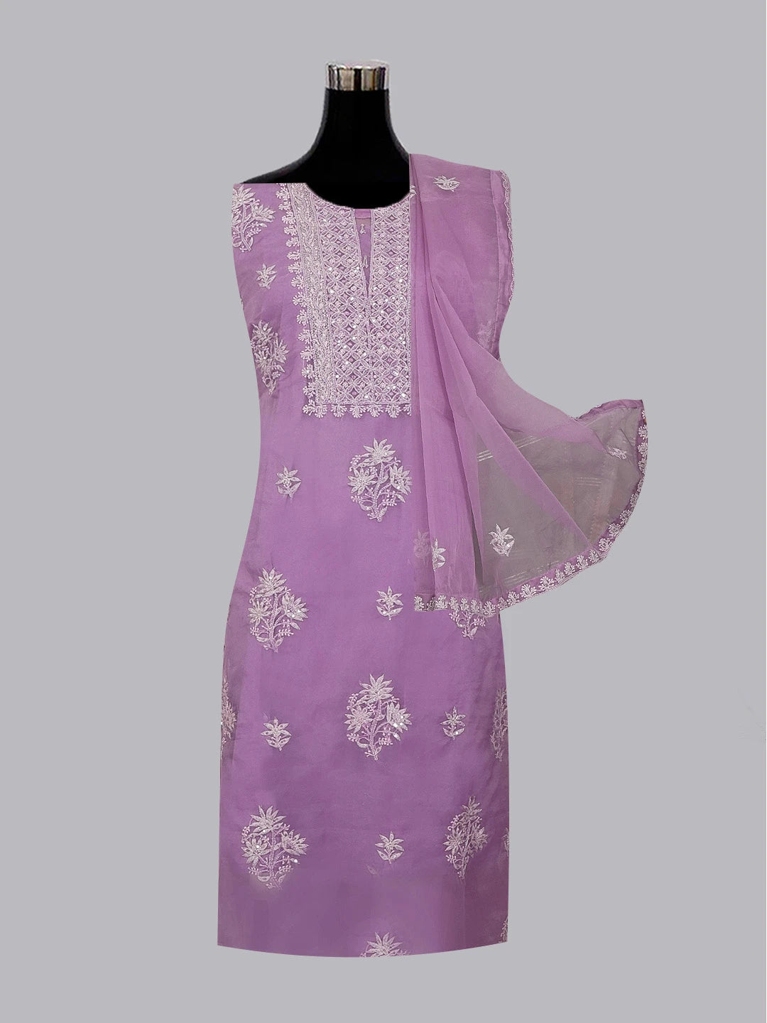 Ada Hand Embroidered Mauve Organza Lucknowi Chikankari Semi stitched Kurta Dupatta Set With Sequinned Work 01A542417