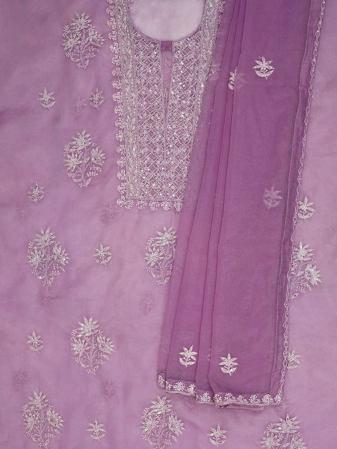 Ada Hand Embroidered Mauve Organza Lucknowi Chikankari Semi stitched Kurta Dupatta Set With Sequinned Work 01A542417